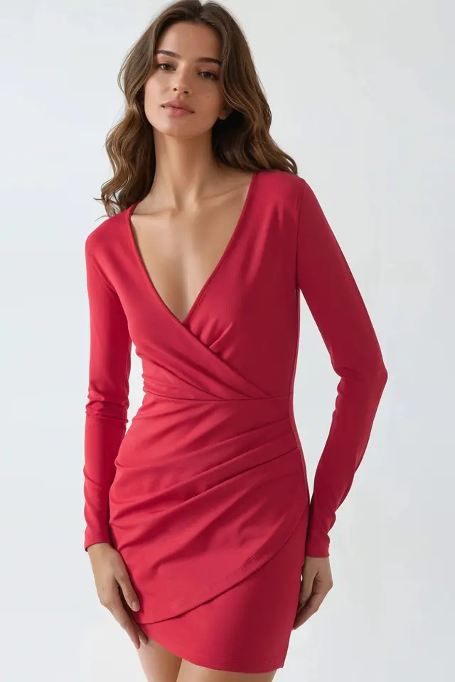 V-Neck Wrap-Style Long Sleeve Draped Mini Dress