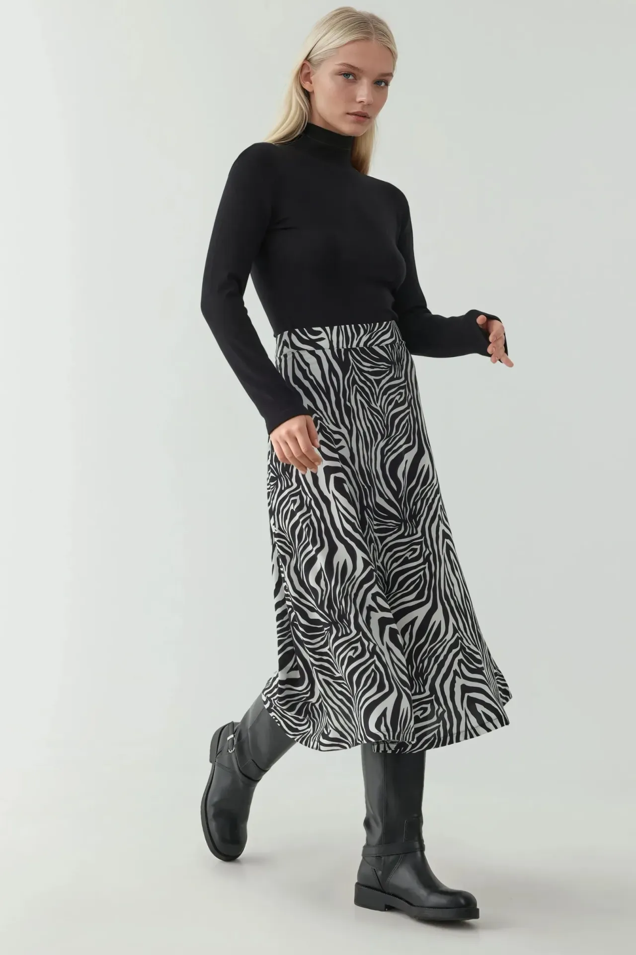 High Waist Zebra Print Midi Skirt 2