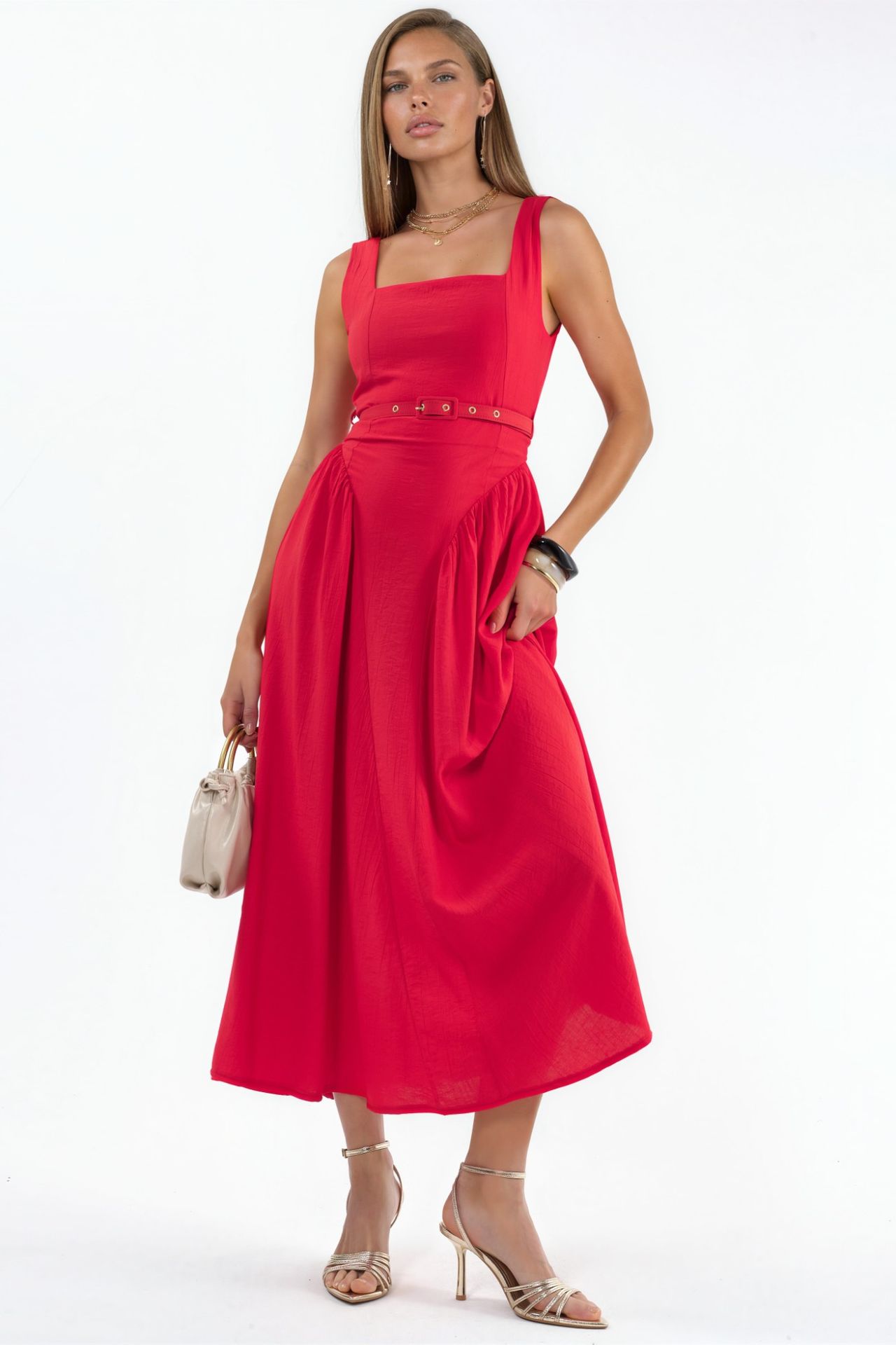BUSEM Square Collar Belted Midi Dress 4