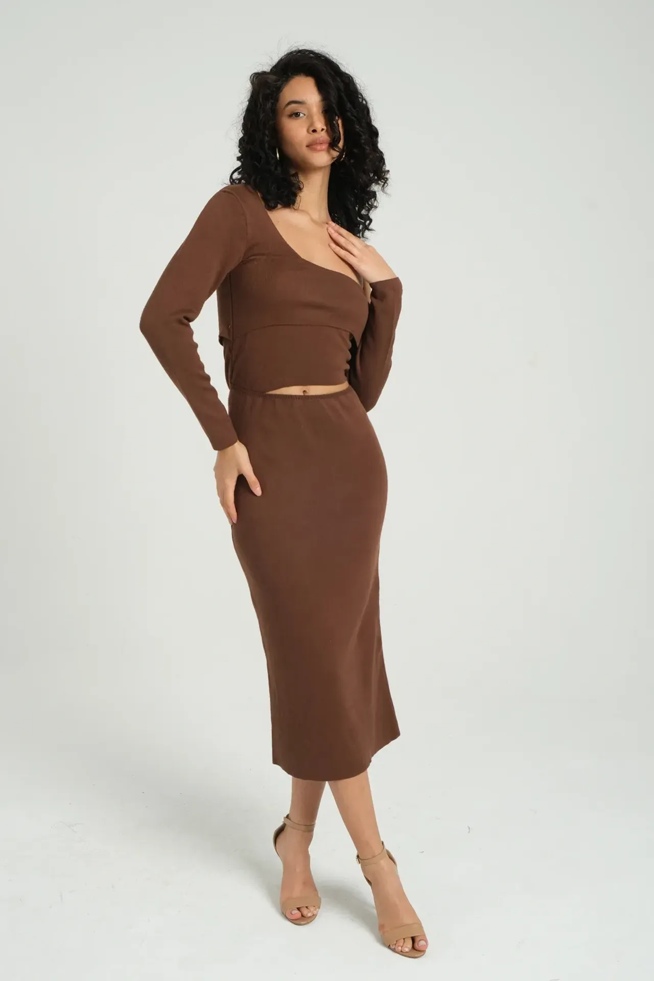 Knitted One Shoulder Asymmetrical Cut Out Maxi Bodycon Dress