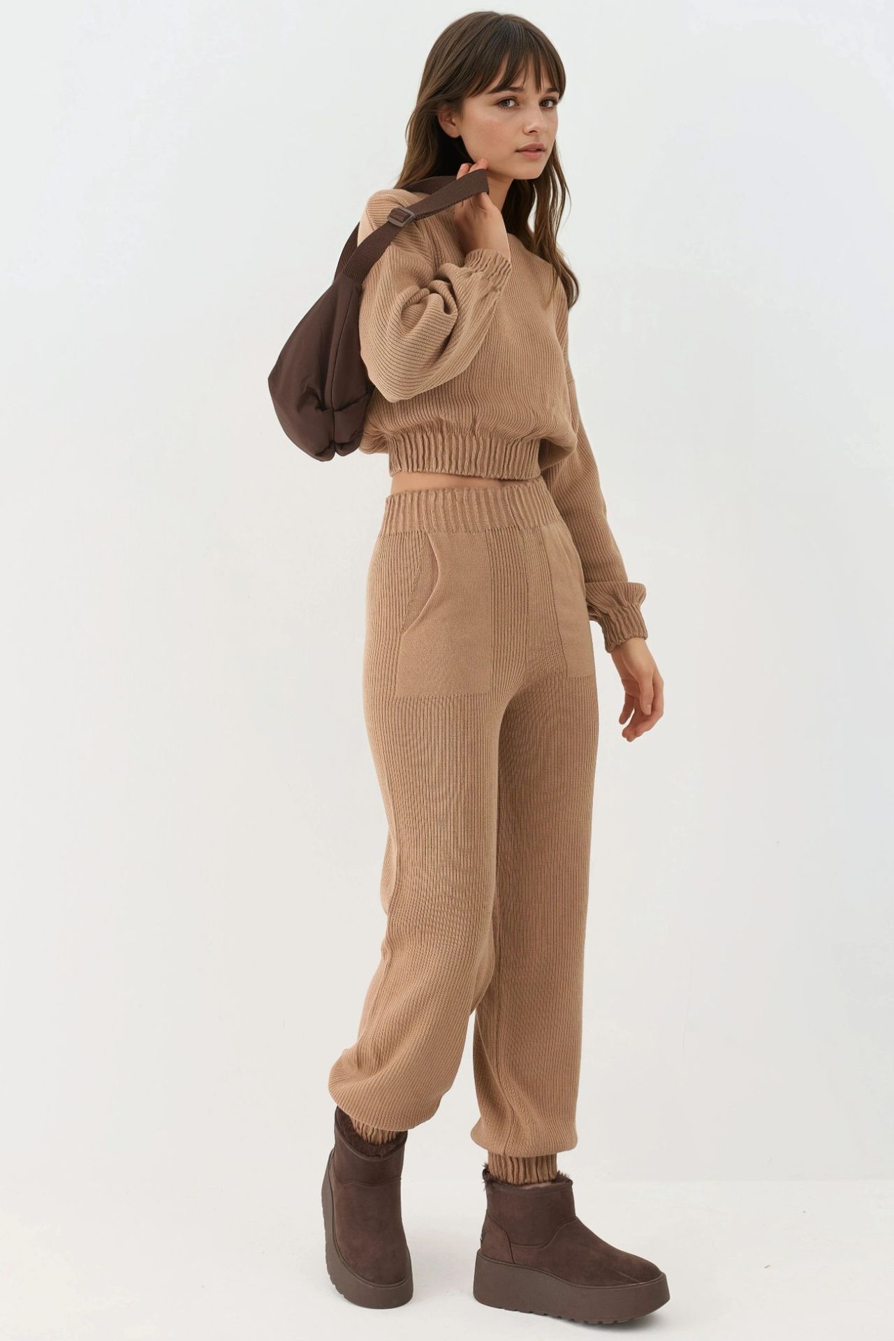 MY FASHION Ribbed Cropped Crew Neck Sweater & Elastic Cuff Pants Knit Co-Ord Set 4