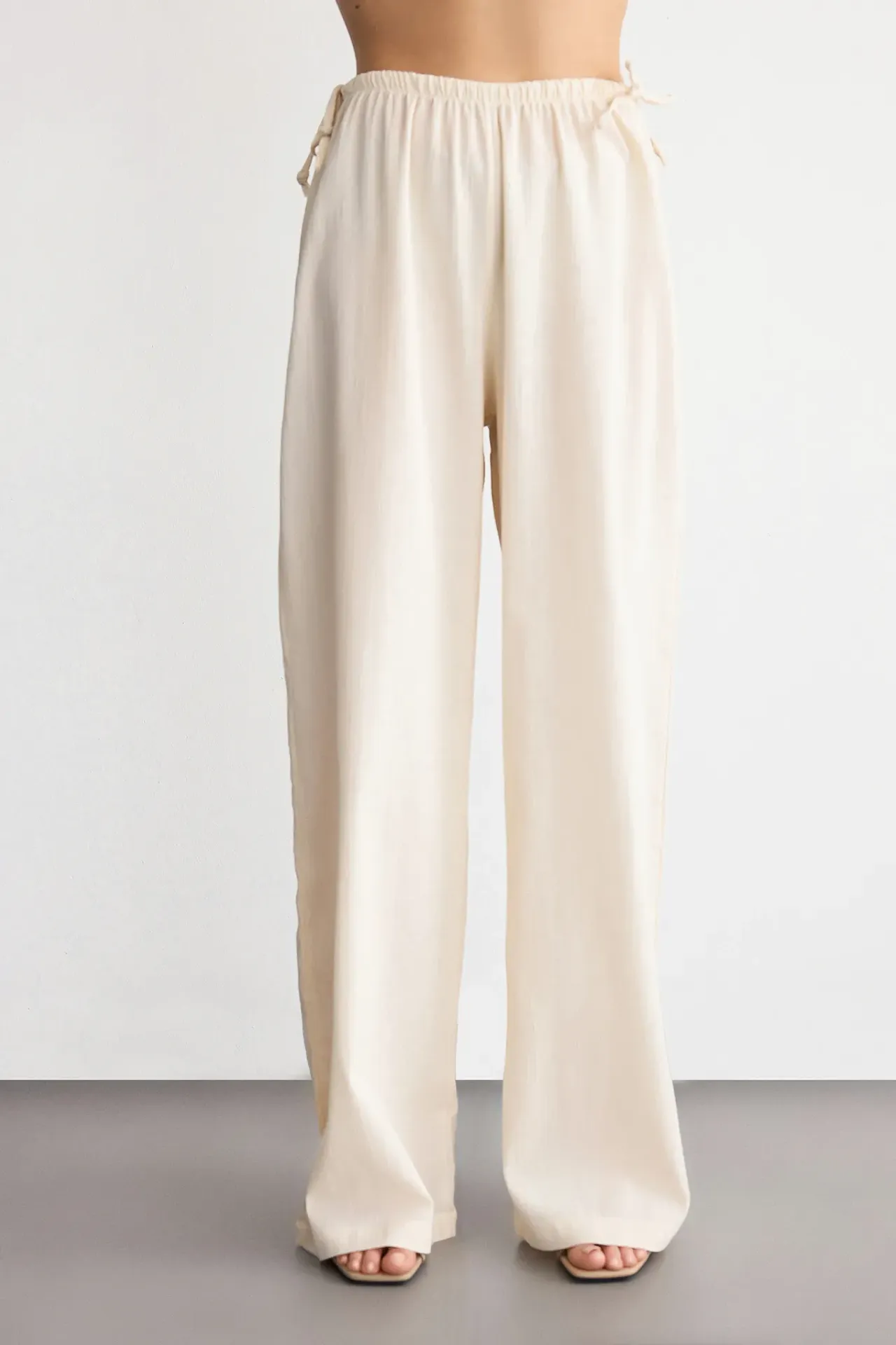 Wide-Leg Drawstring Pants with Bow and Tie-Side