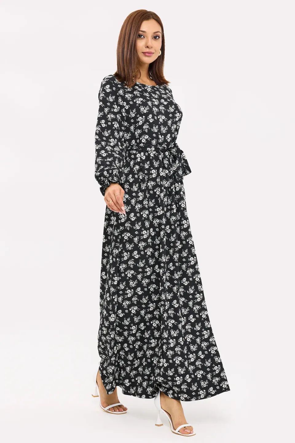 Floral Maxi Dress with Long Sleeves and Tie-Side