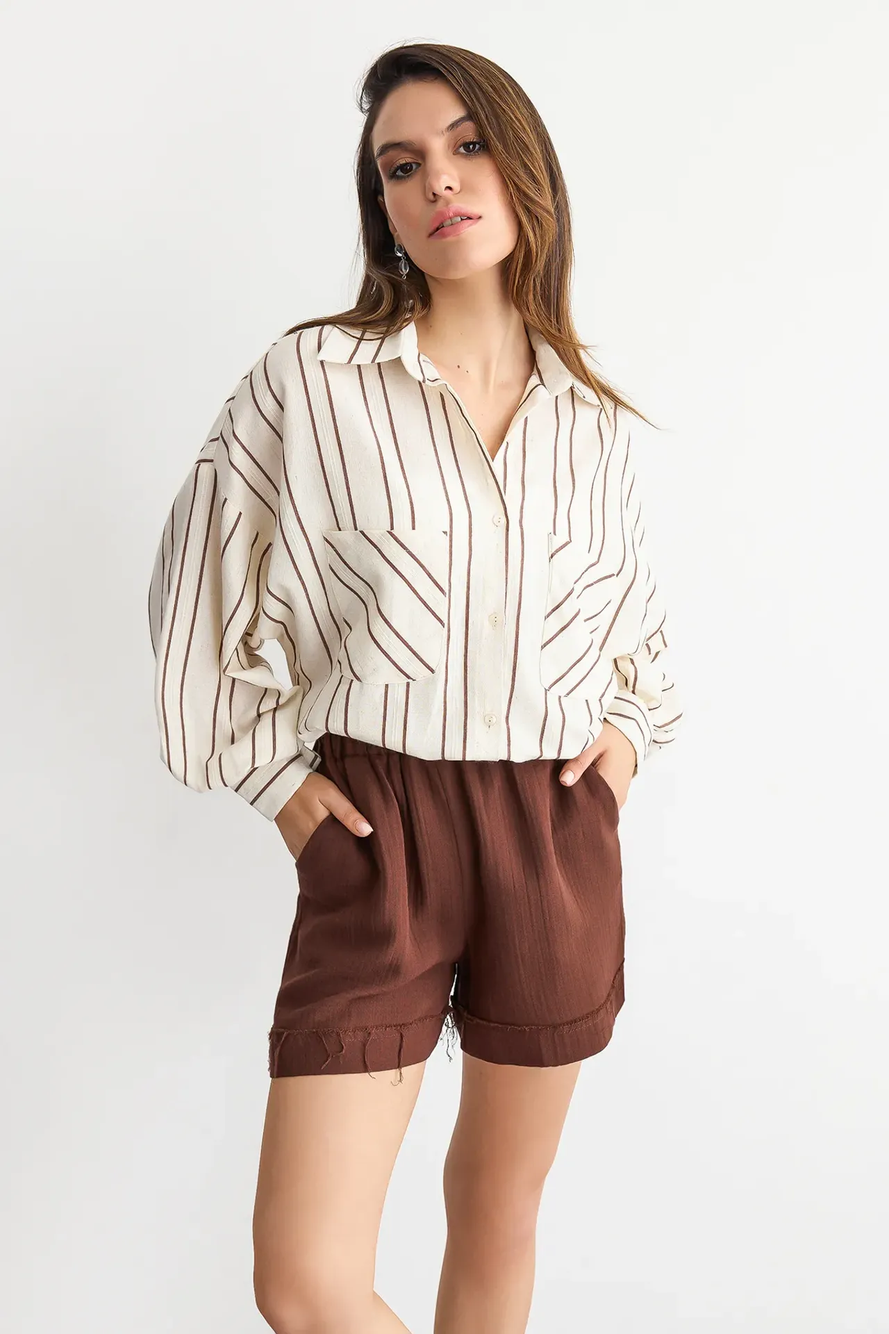 Striped Long-Sleeve Shirt with Shirt Collar and Pocket