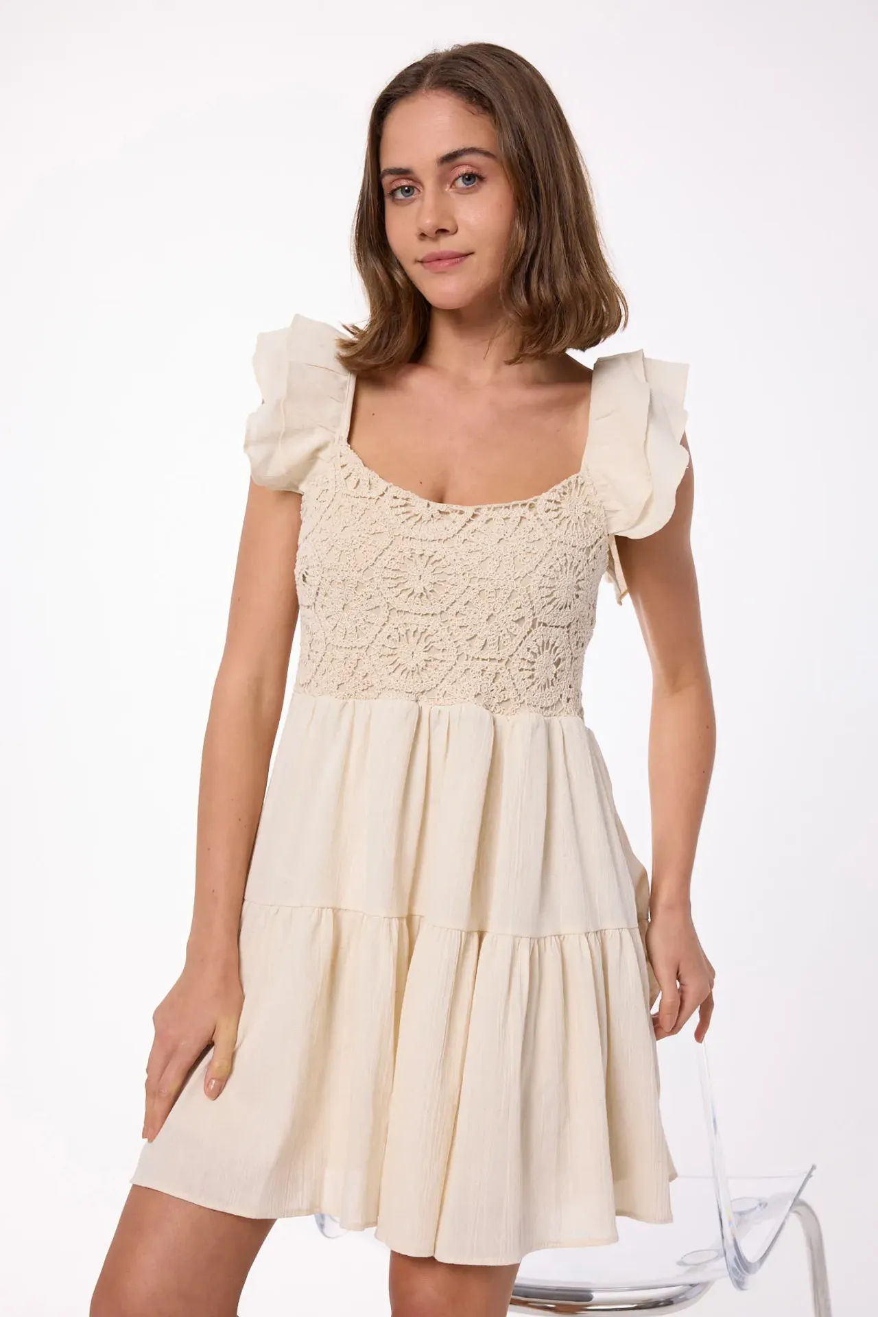 Crochet Tiered Mini Dress with Flutter Sleeves