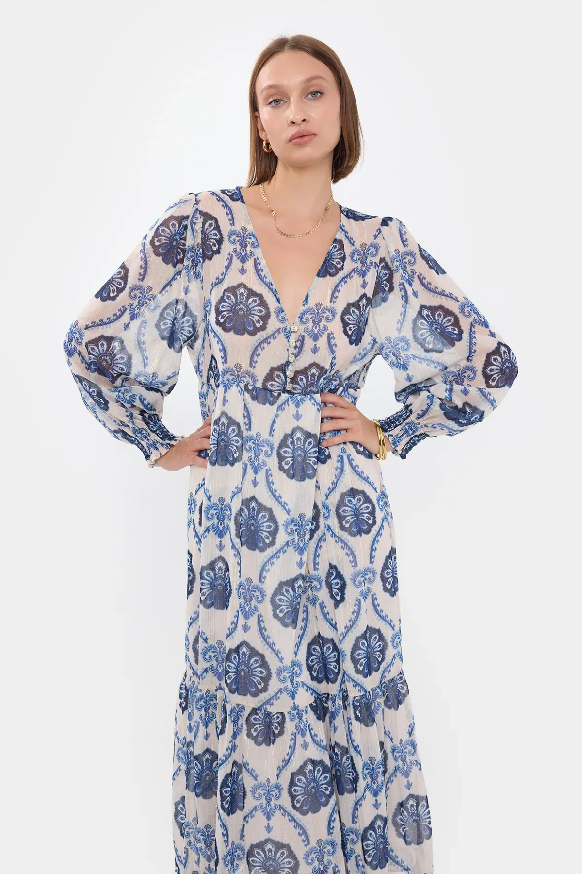Abstract V Neck Buttoned Tiered Maxi Dress 2