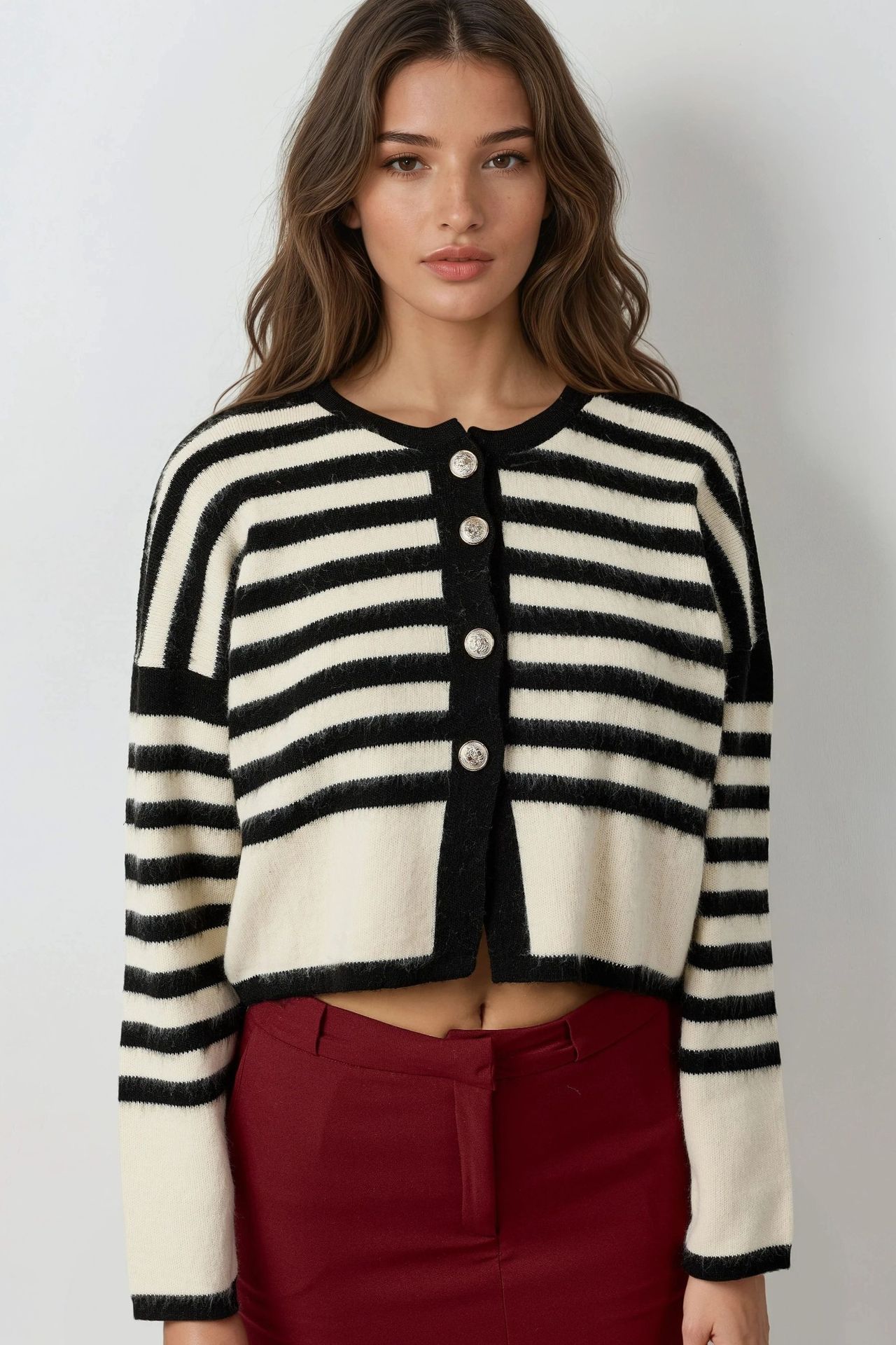 MY FASHION Striped Knit Cardigan with Button Closure 6