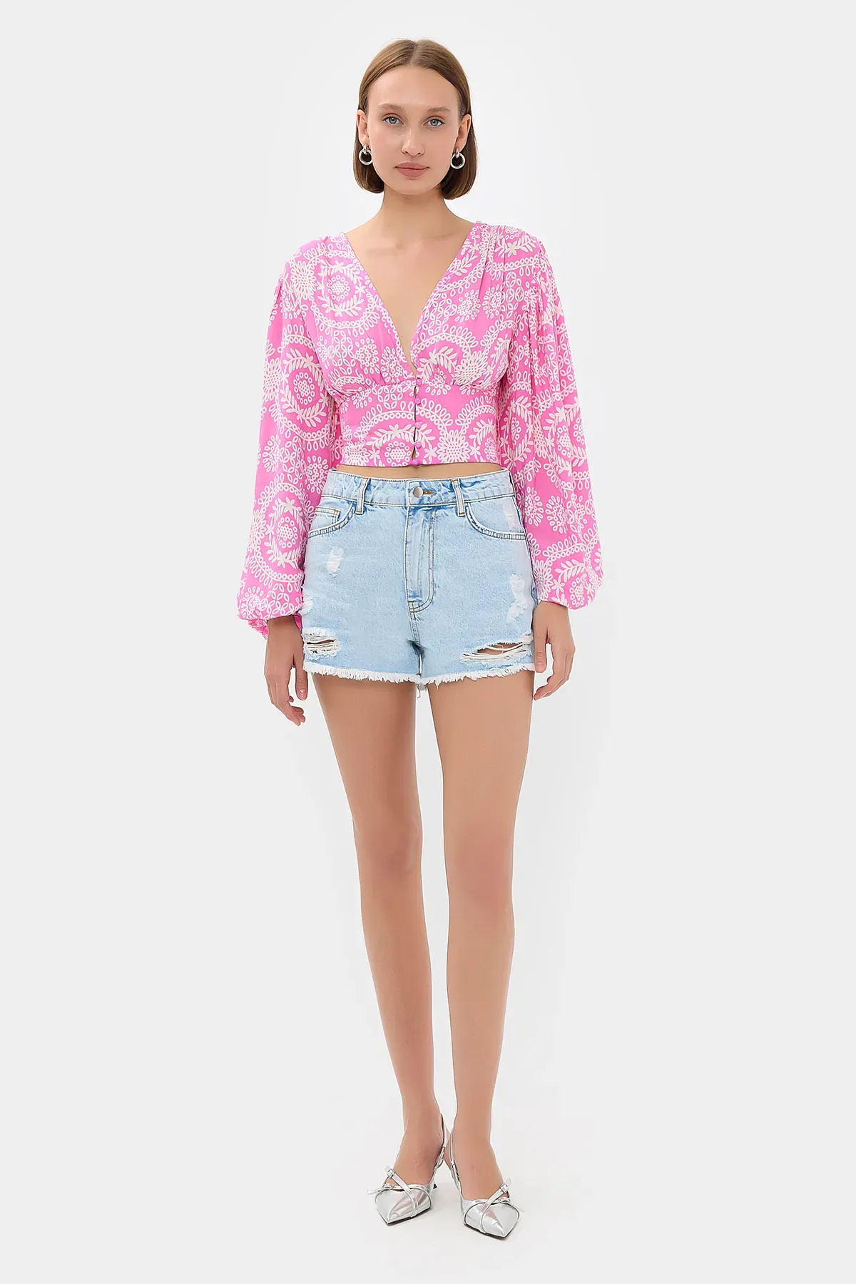 Soyut V Yaka Balon Kollu Bohem Crop Top 2