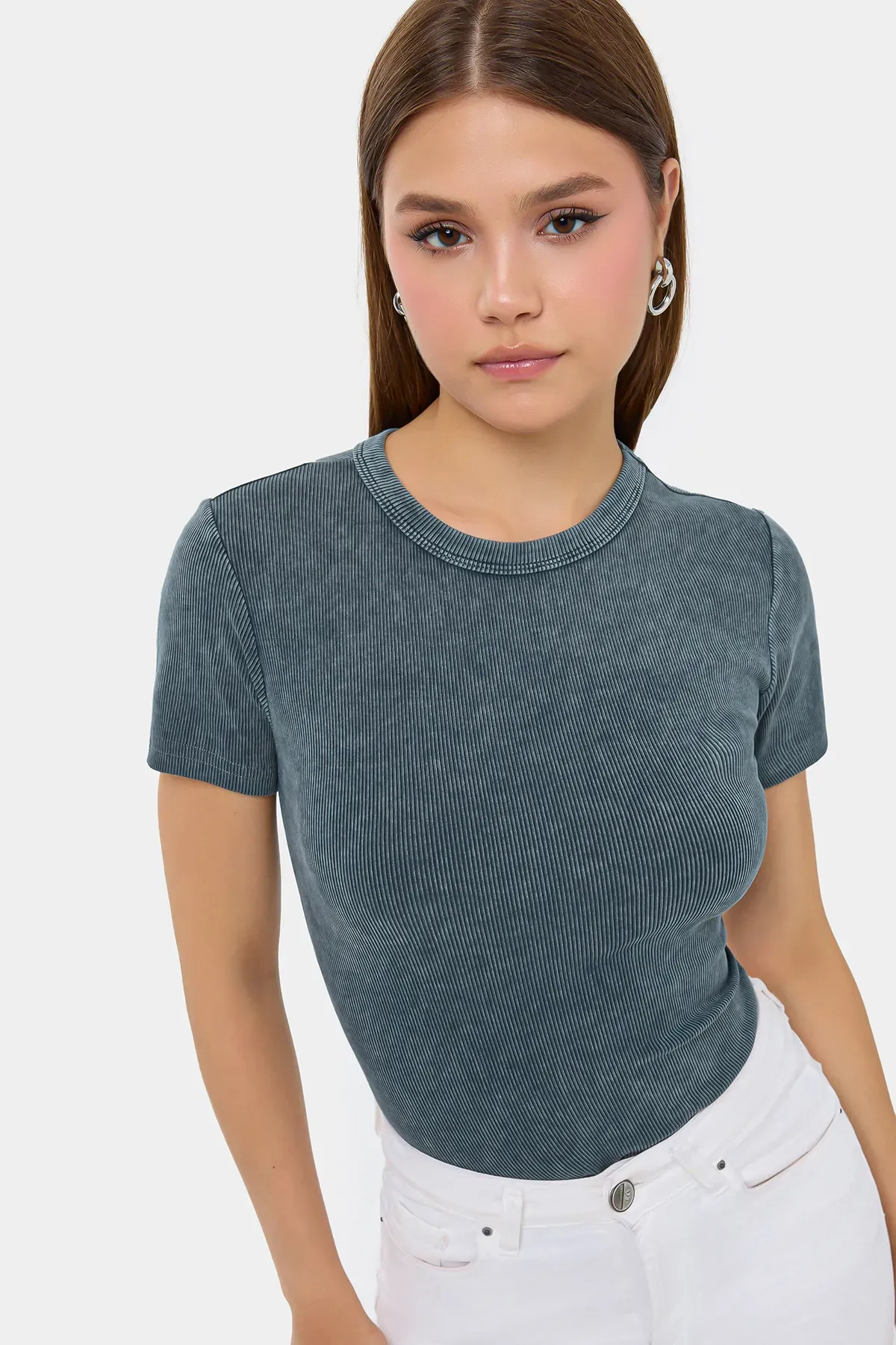 Short Sleeve Acid-Washed T-Shirt with Ribbed Round Neck 2