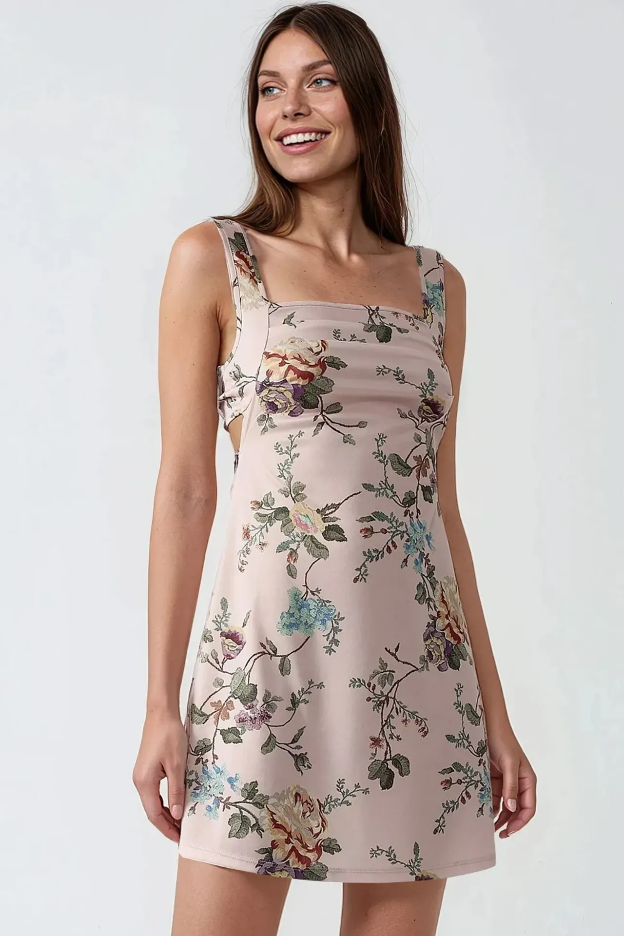Printed Bodycon Mini Dress with Square Collar 1