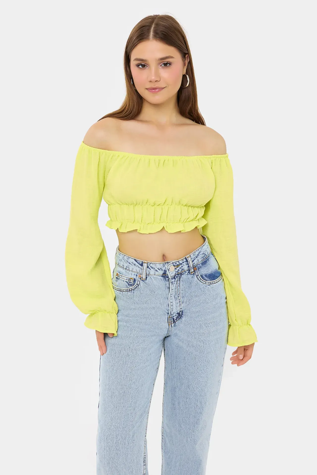 Off-Shoulder Linen Cropped Top with Long Sleeves and Ruffle Detail