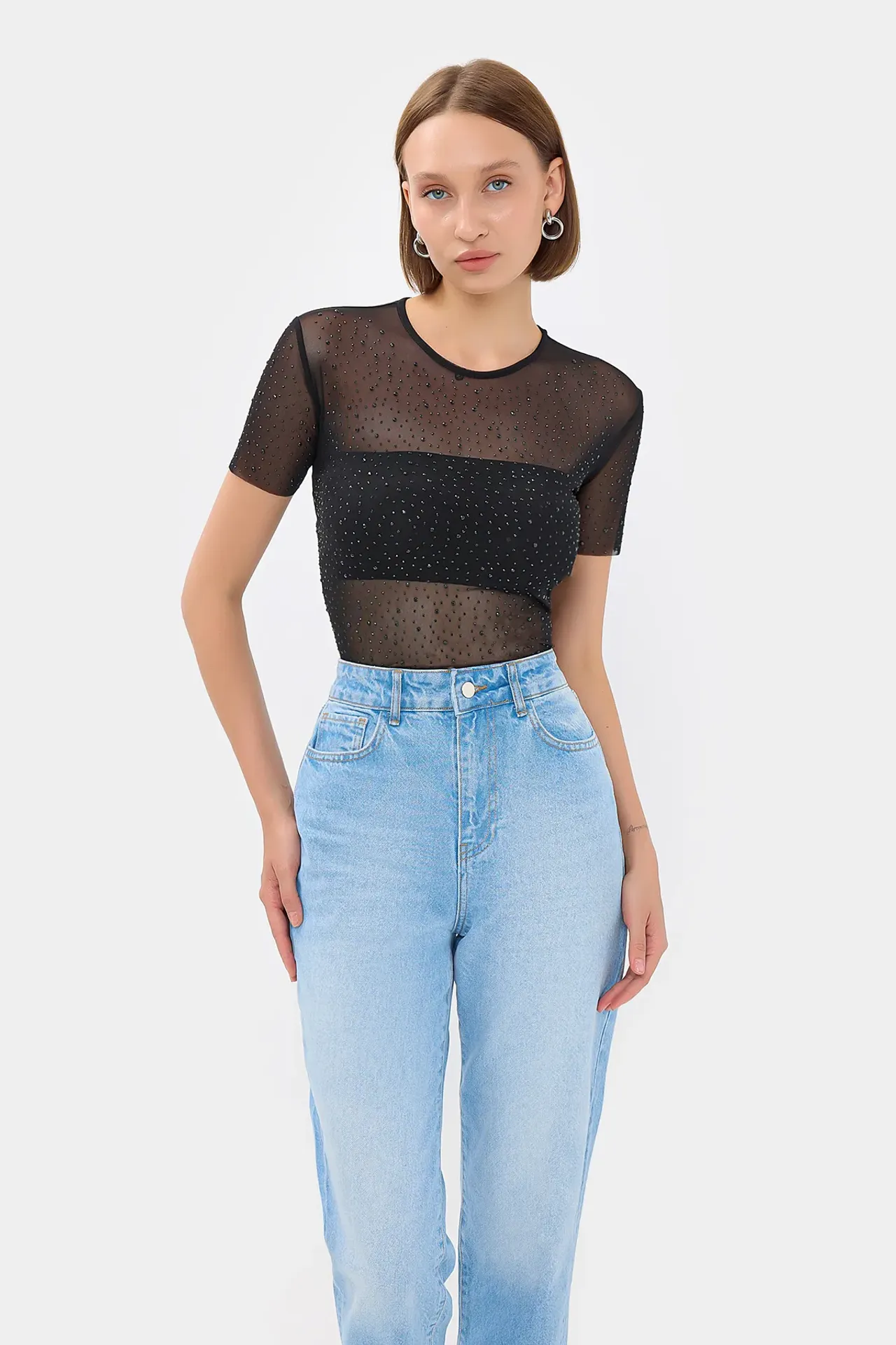 Stone-Embellished Mesh Round Neck T-Shirt