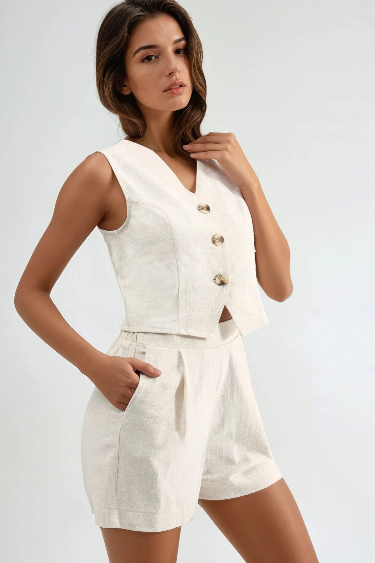 Linen Blend Vest & Shorts Two-Piece Set 3