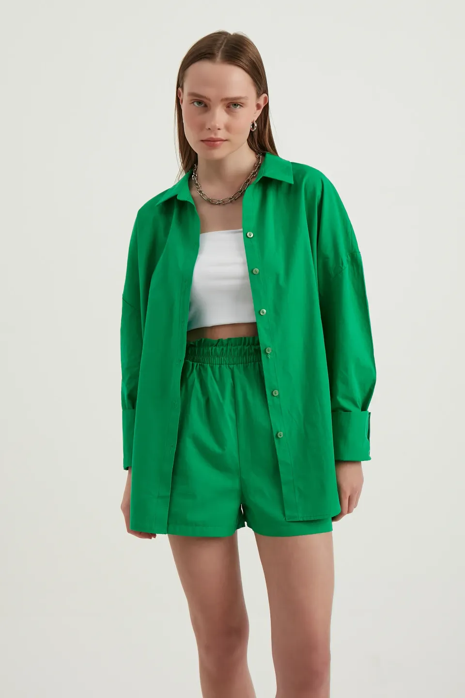 2 Pieces: Oversized Shirt & High Waist Ruched Waistband Shorts