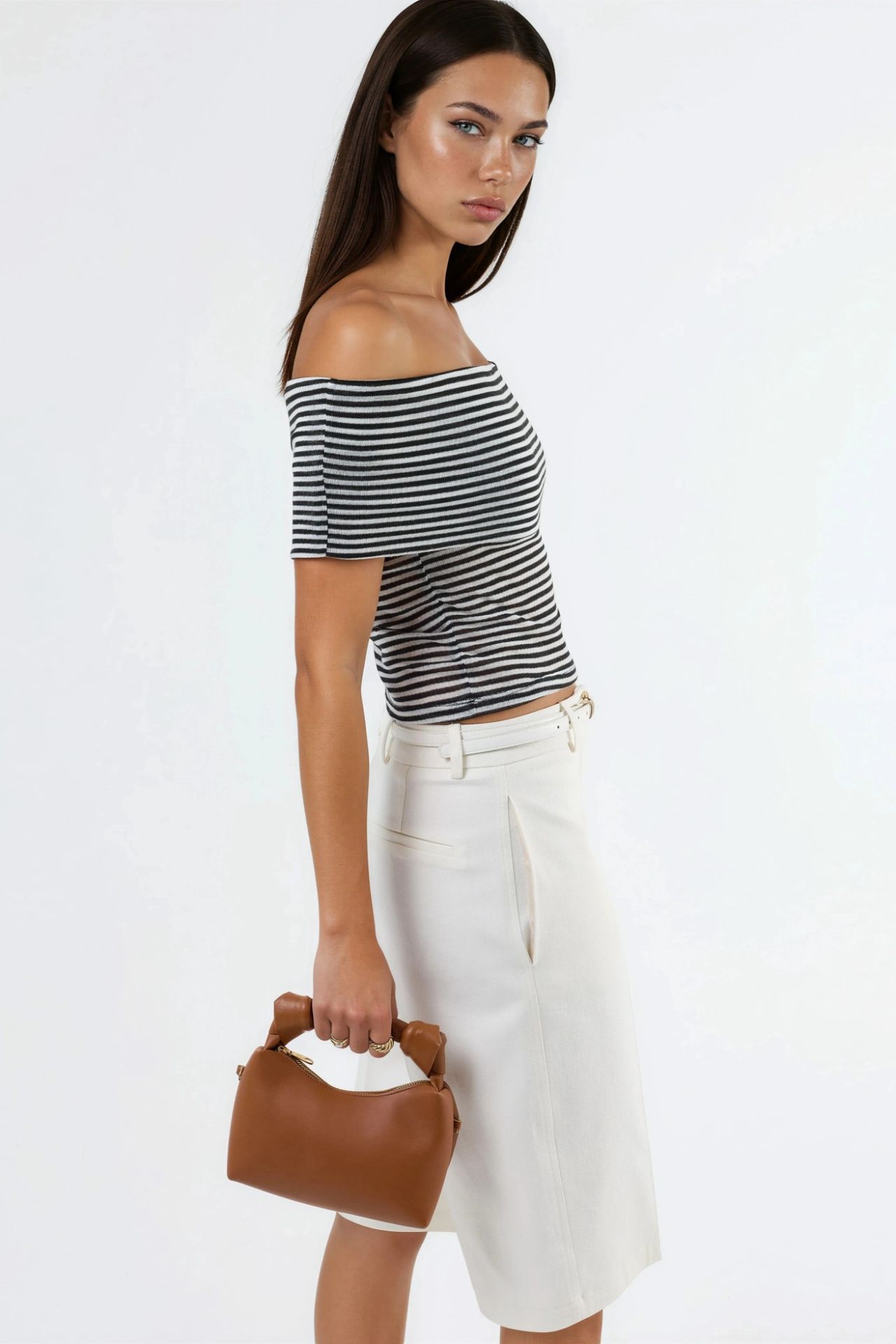 BUSEM Striped Off Shoulder Crop Blouse 3