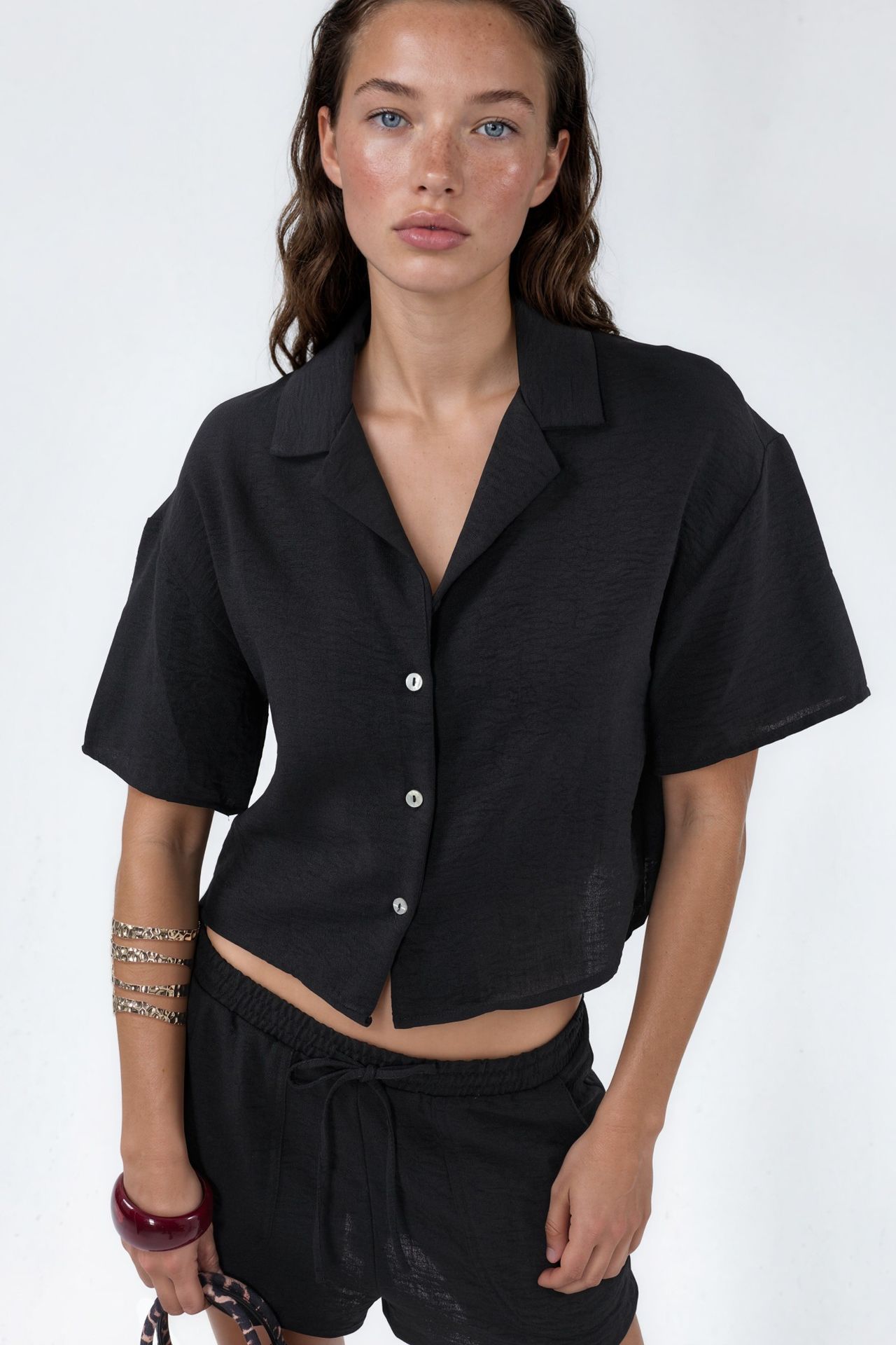 BUSEM Textured Crop Shirt with Button Closure 1