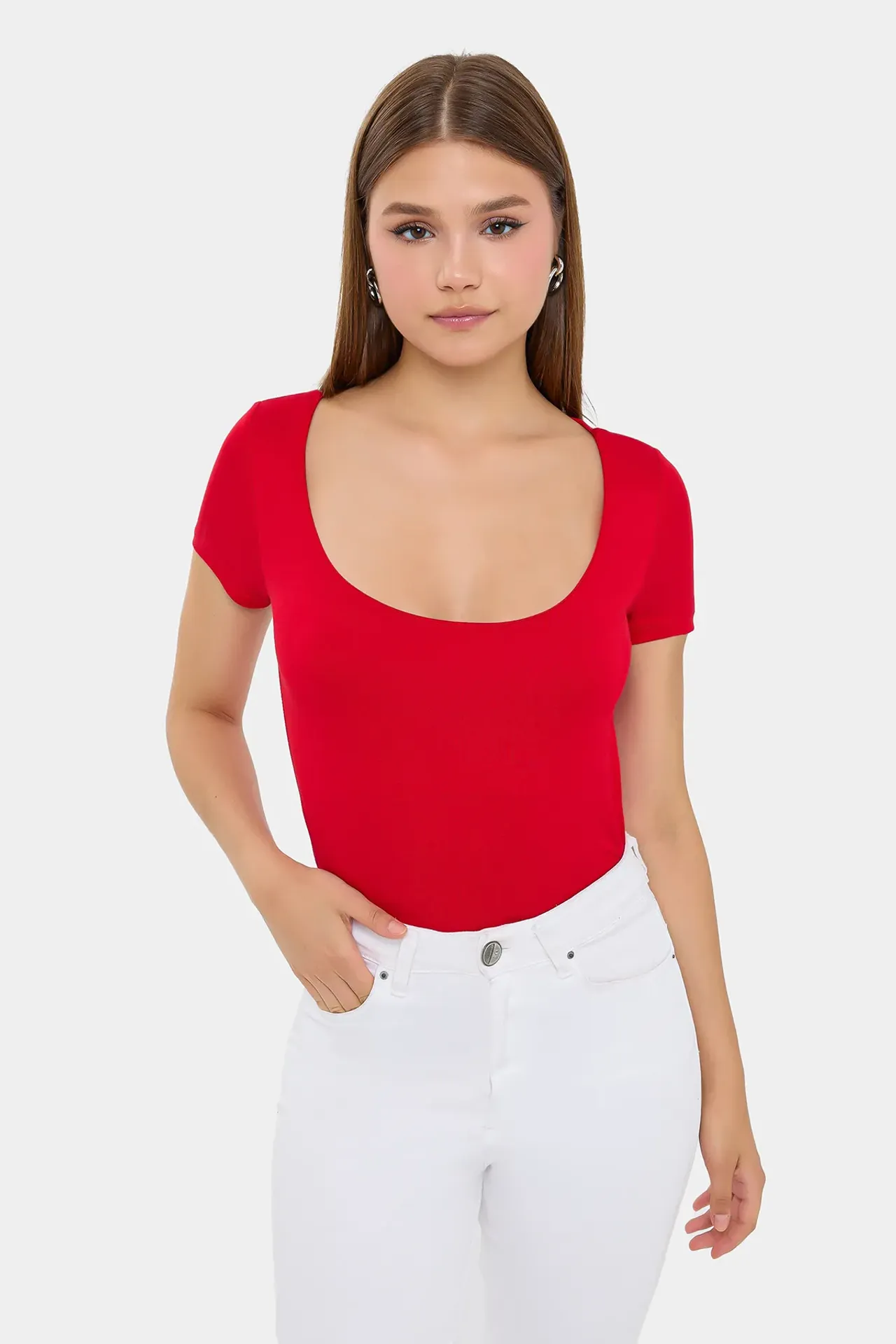 Basic Short Sleeve Woven T-Shirt with Scoop Neck