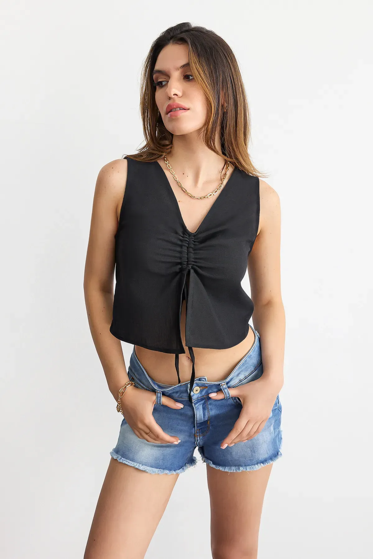 Tie-Front V-Neck Sleeveless Woven Blouse 1