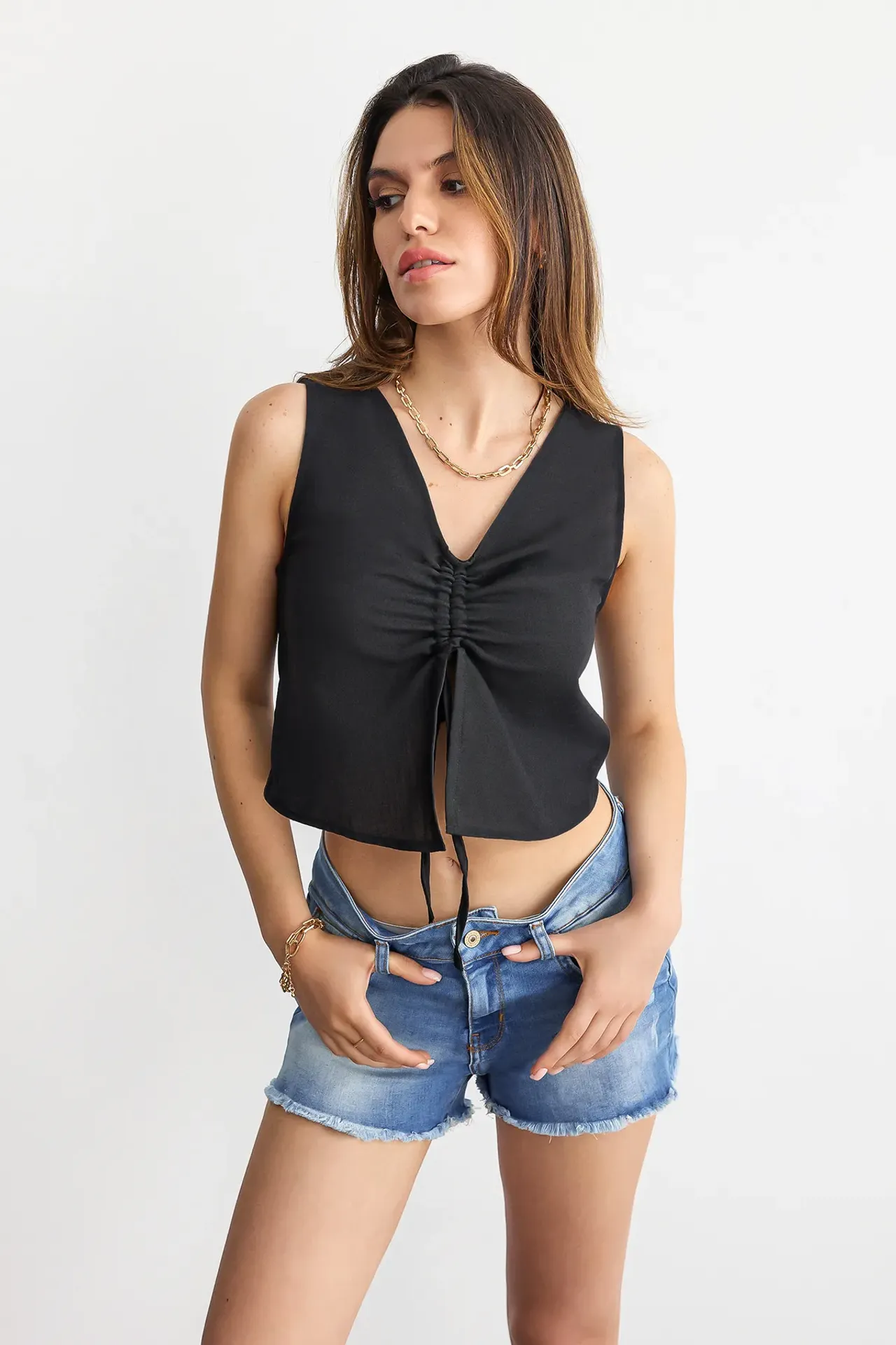 Tie-Front V-Neck Sleeveless Woven Blouse