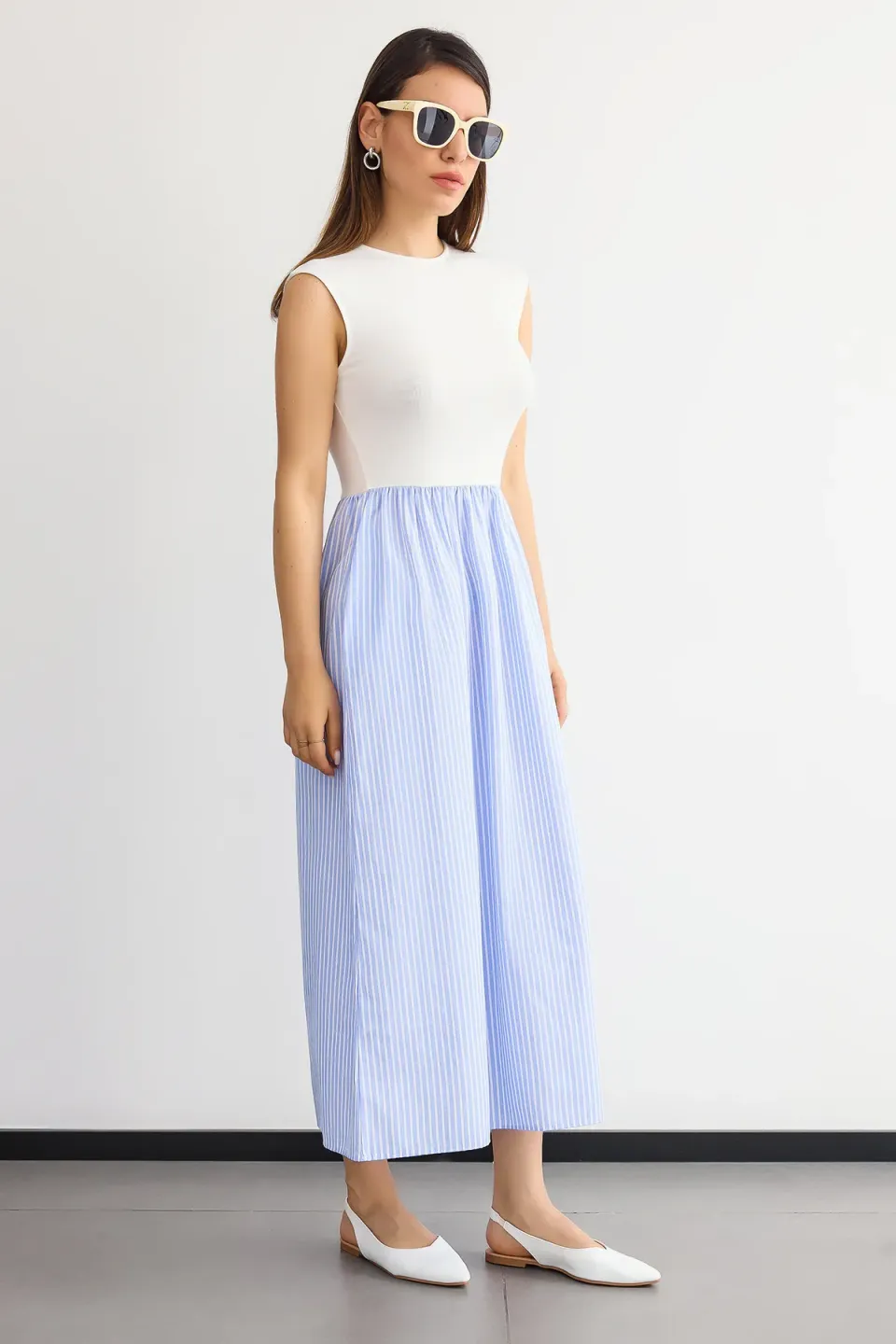 Striped High-Neck A-Line Sleeveless Maxi Dress