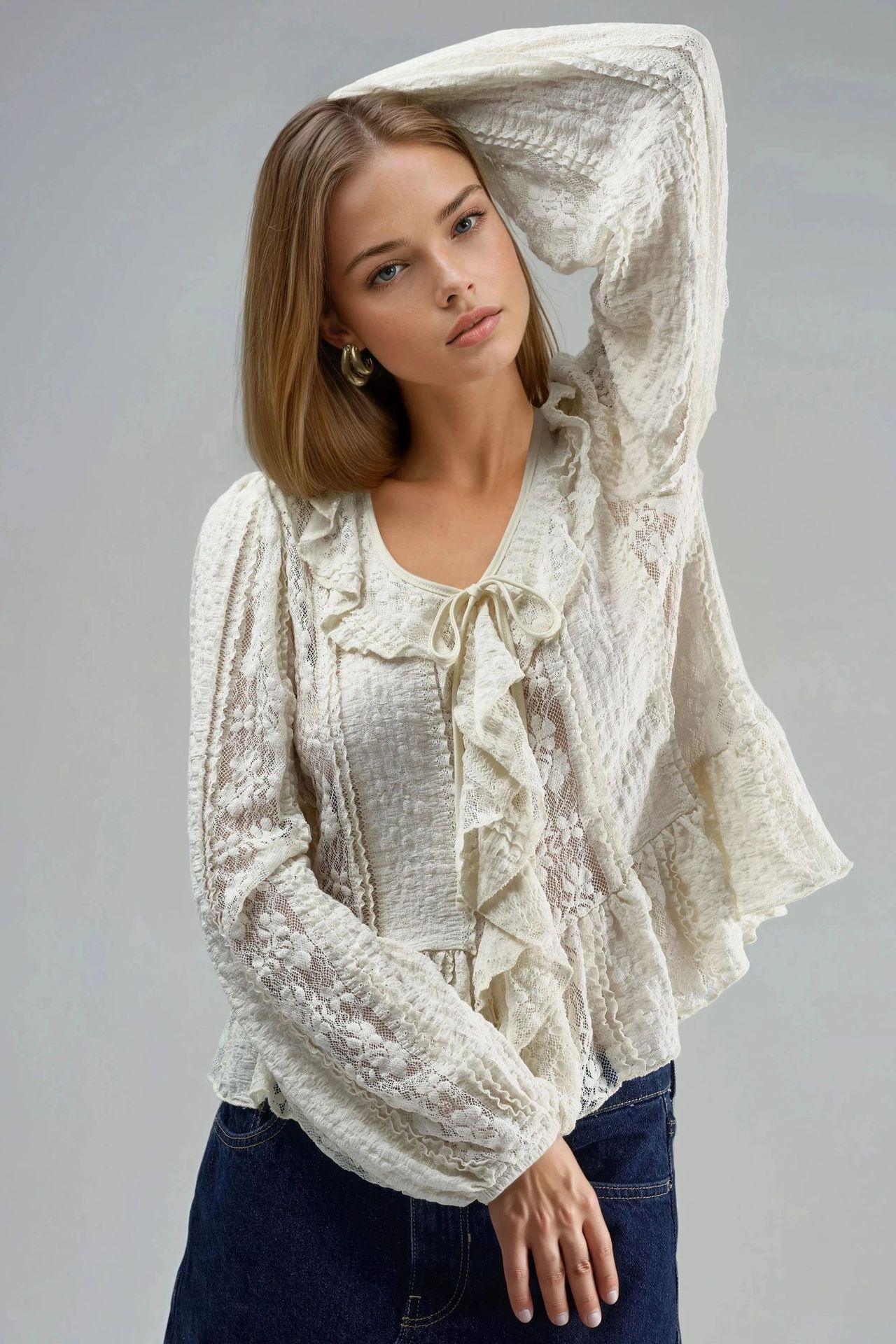 BUSEM Frilly Lace V-Neck Tie Shirt 1