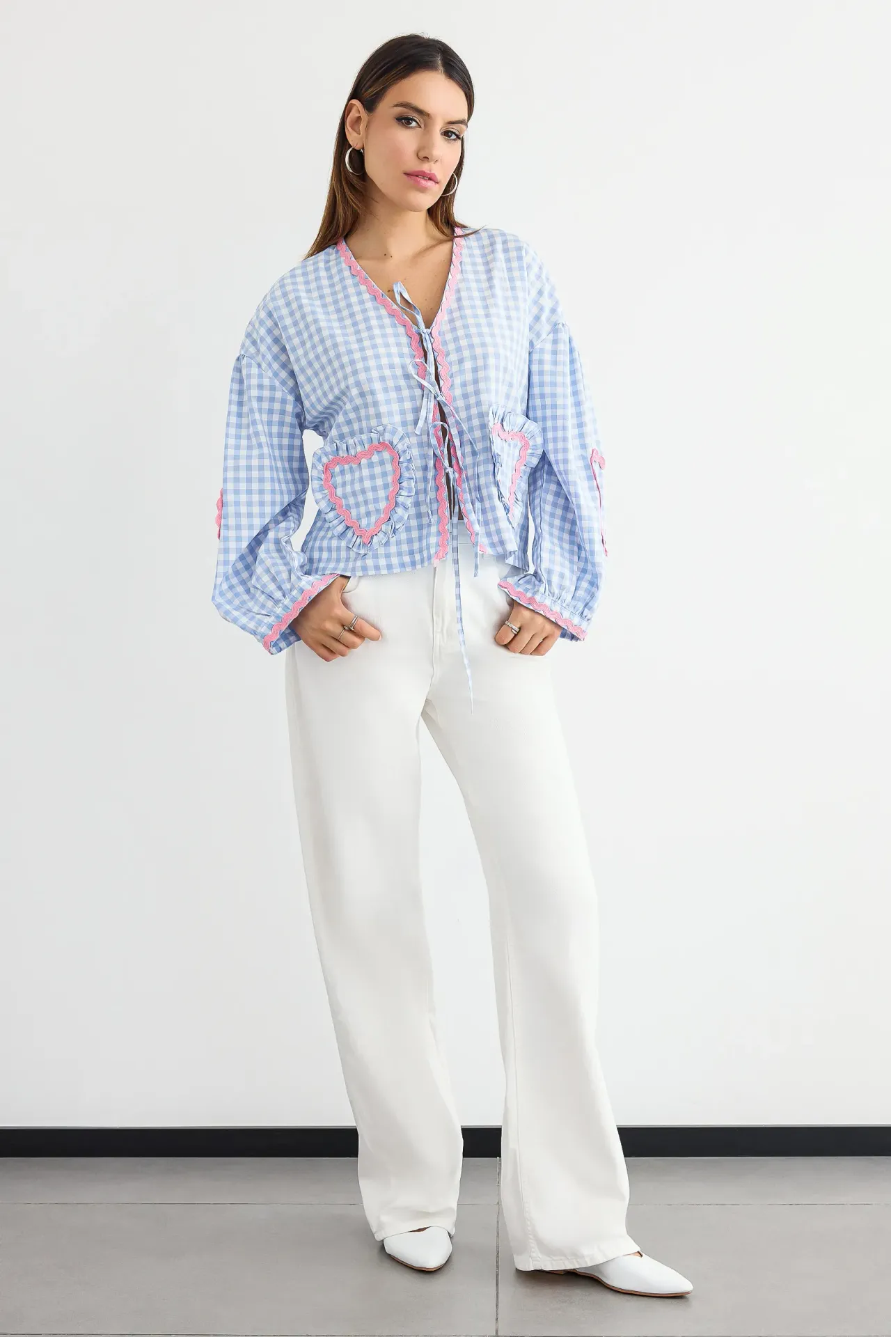 Checked V-Neck Tie-Front Blouse