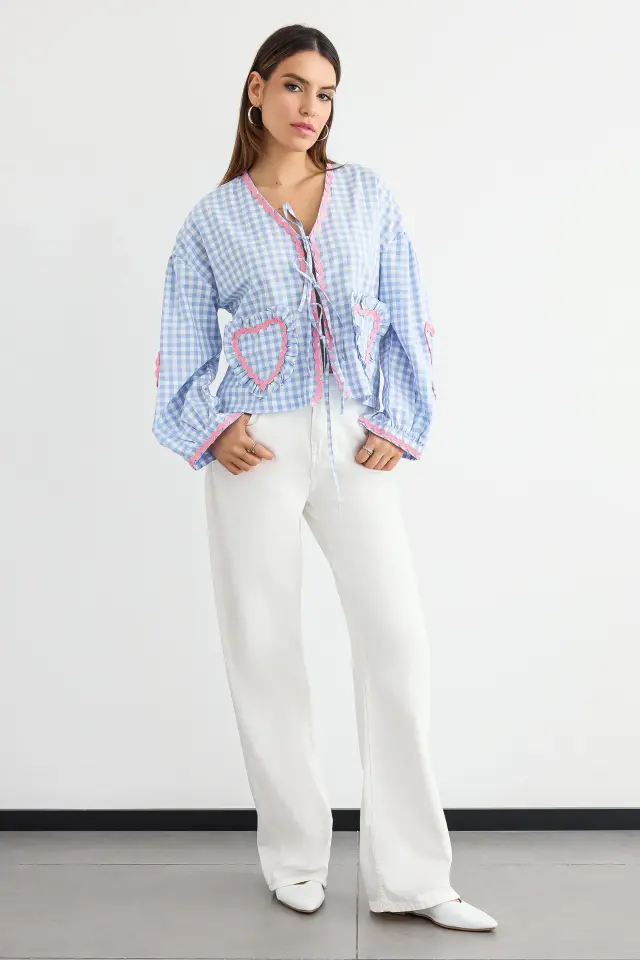 Checked V-Neck Tie-Front Blouse