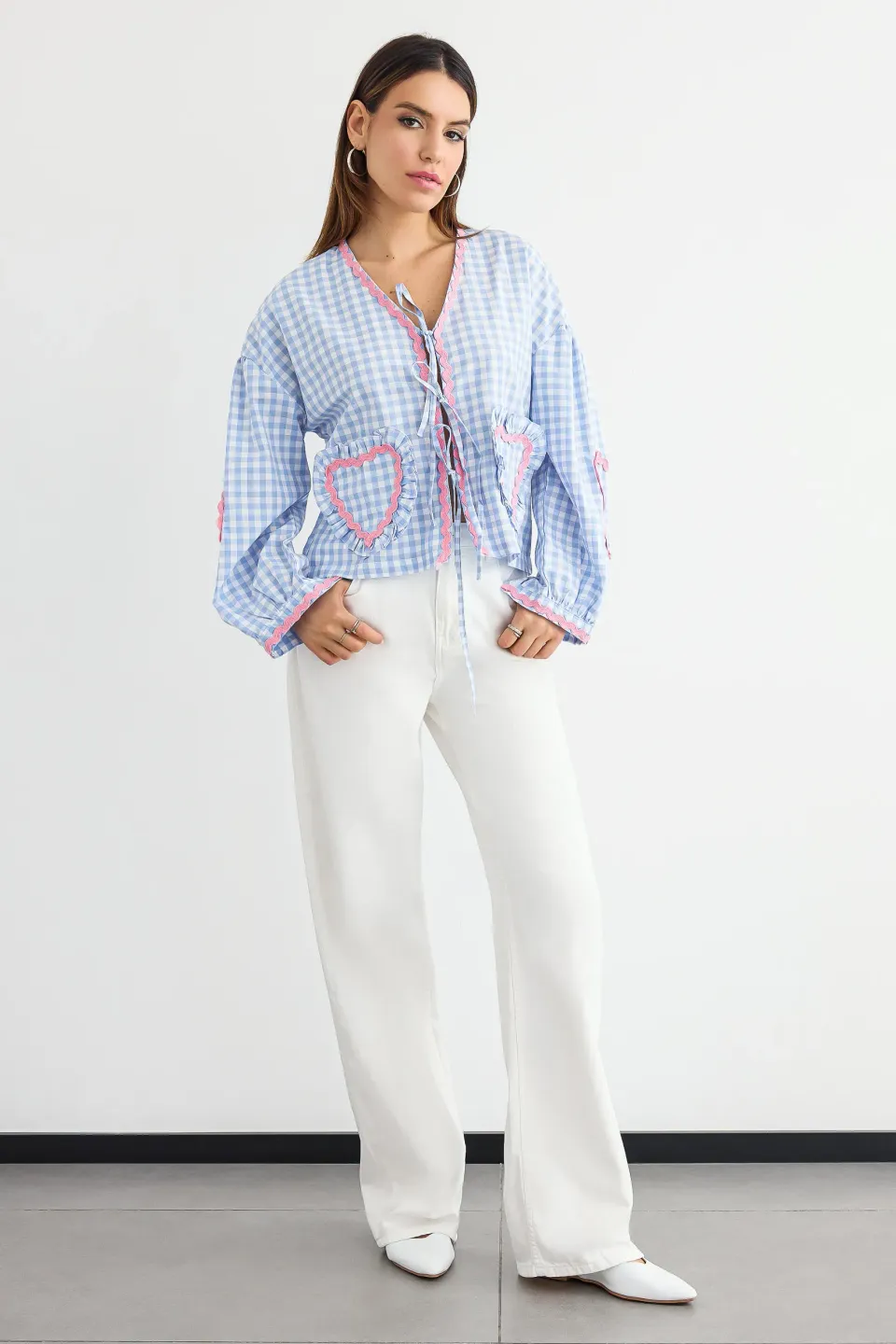 Checked V-Neck Tie-Front Blouse