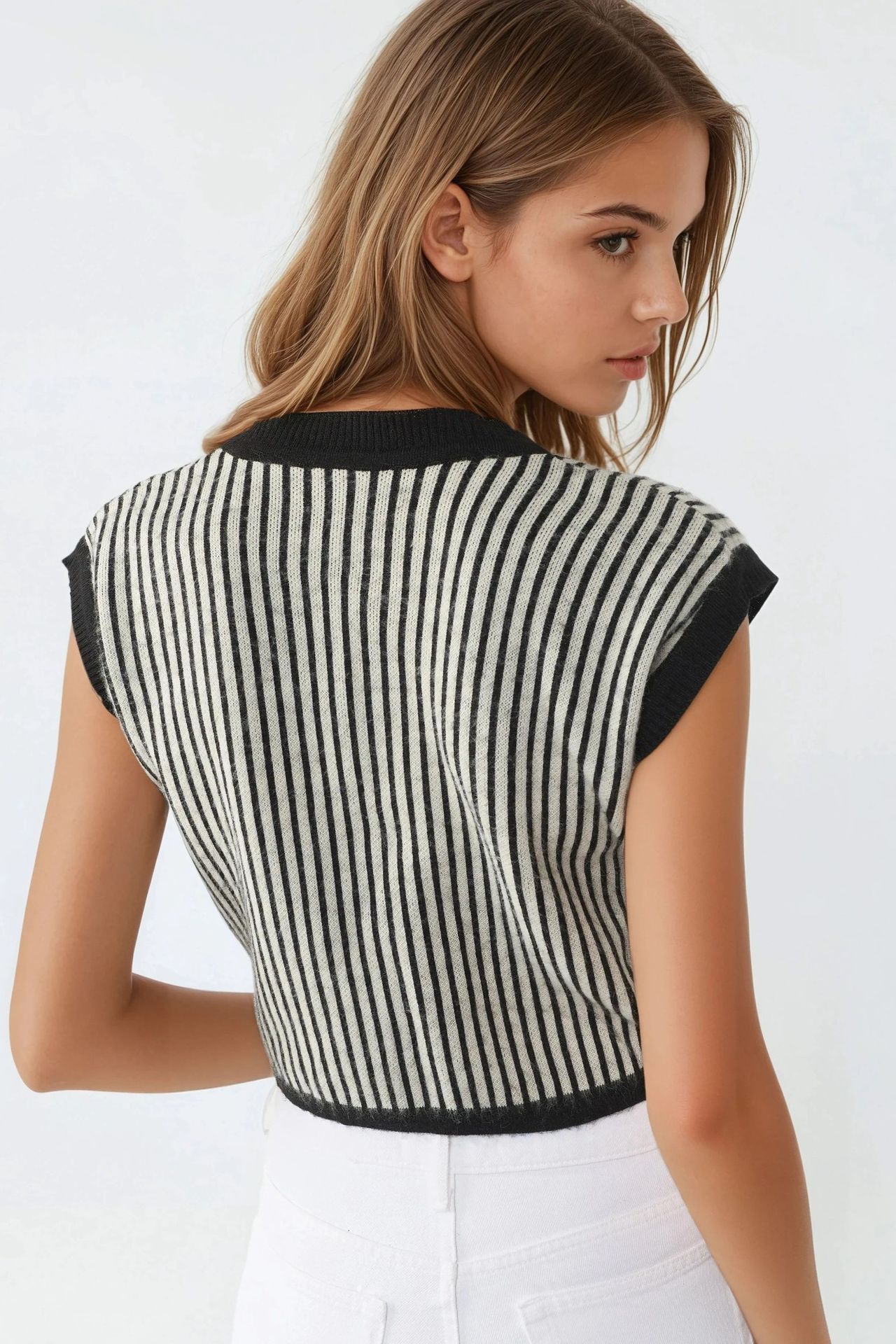 MY FASHION Striped Ribbed Knit Crop Top with Button Closure 2