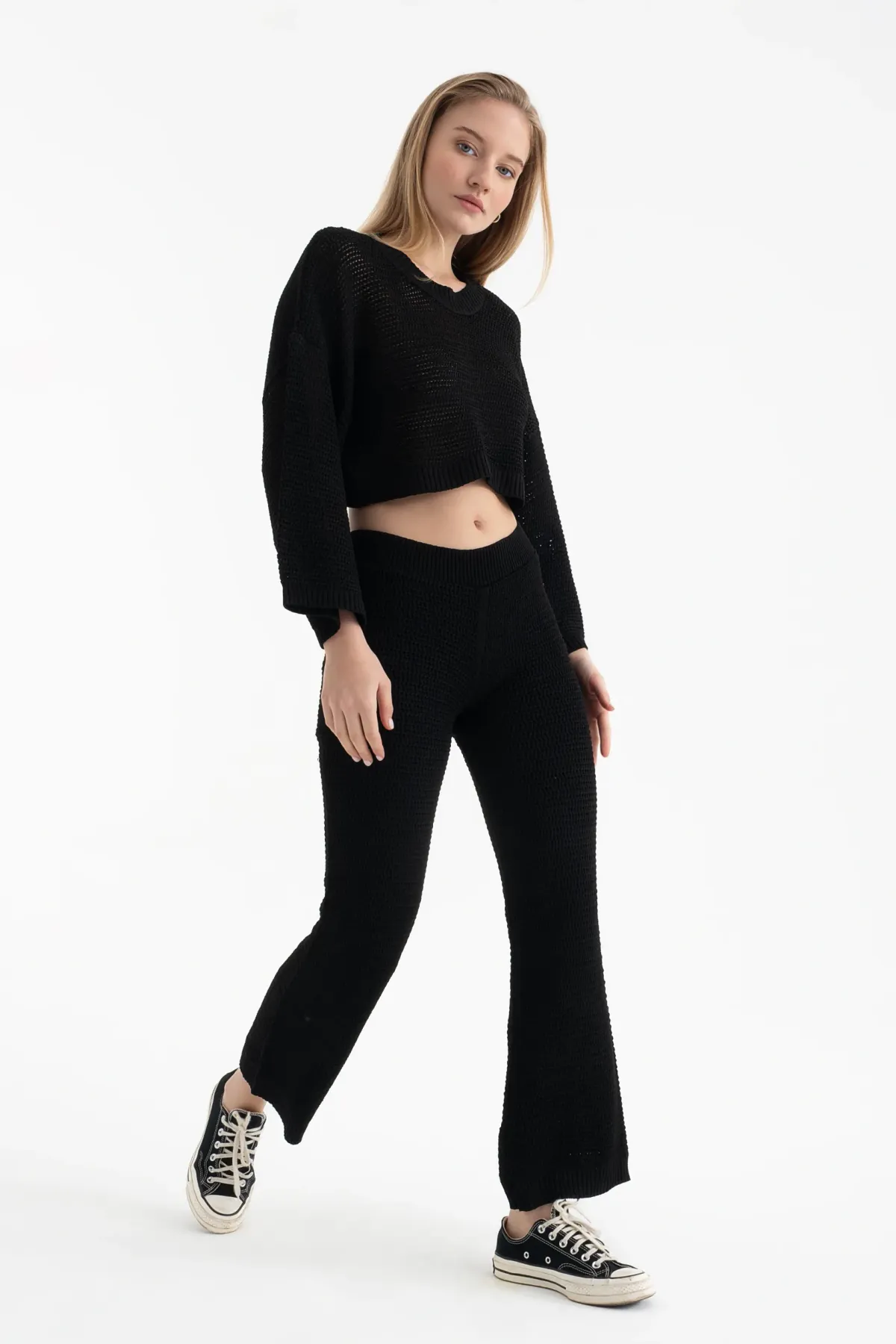 Crew Neck Knitted Top & Mid Rise Straight Leg Trousers Set 1