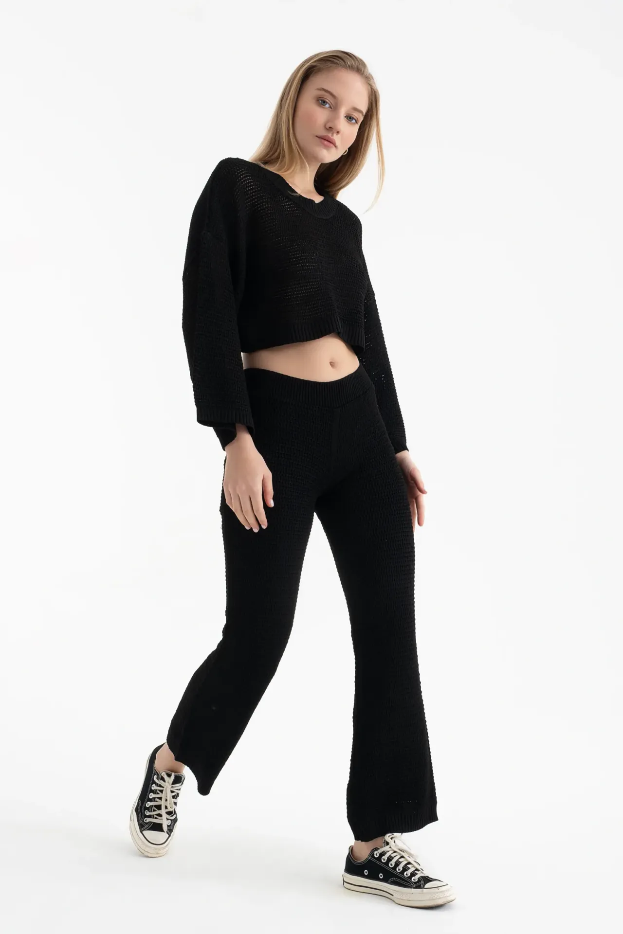 2 Pieces: Crew Neck Knitted Long Sleeve Oversized Top & Mid Rise Straight Leg Trousers