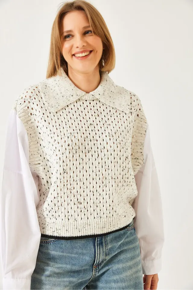 LUCCI Textured Knit Crop Sweater with Shirt Collar