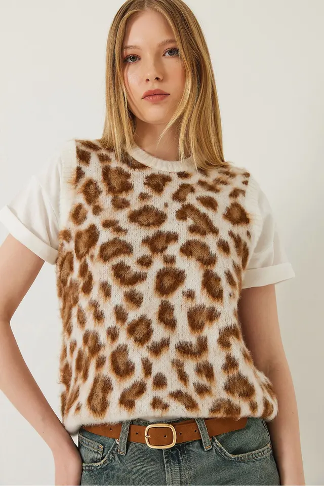LUCCI Leopard Print Ribbed Knitwear Sweater Vest