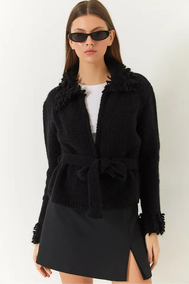 LUCCI Frilly Tie Closure Shawl Collar Cardigan
