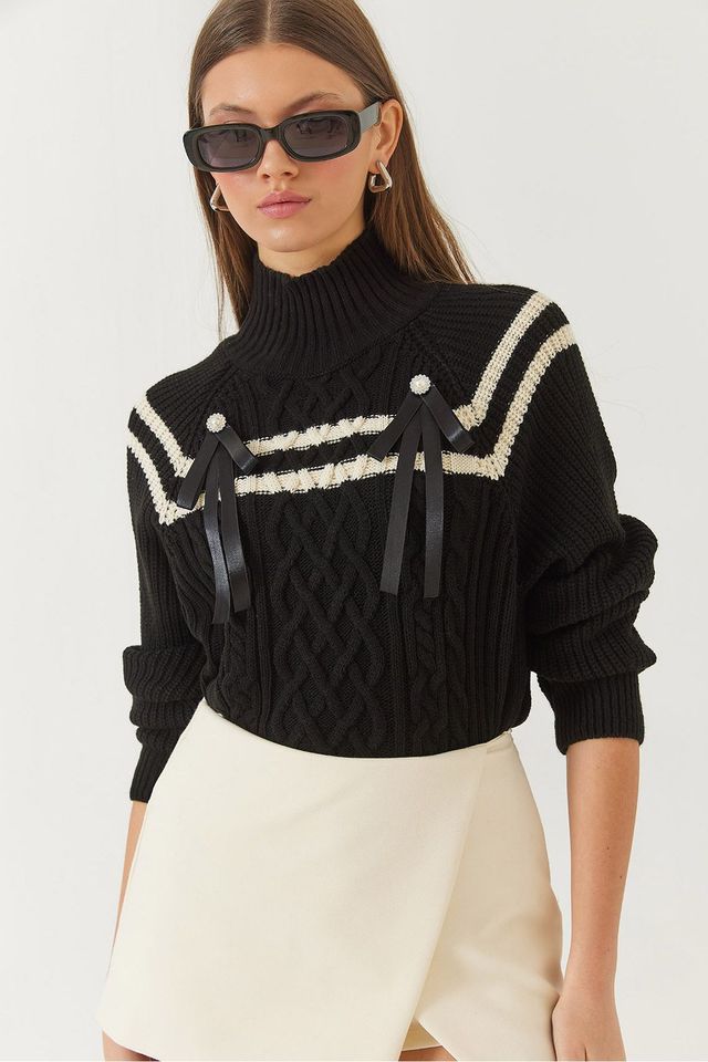 LUCCI Turtleneck Baklava Knit Sweater with Ribbon Detail