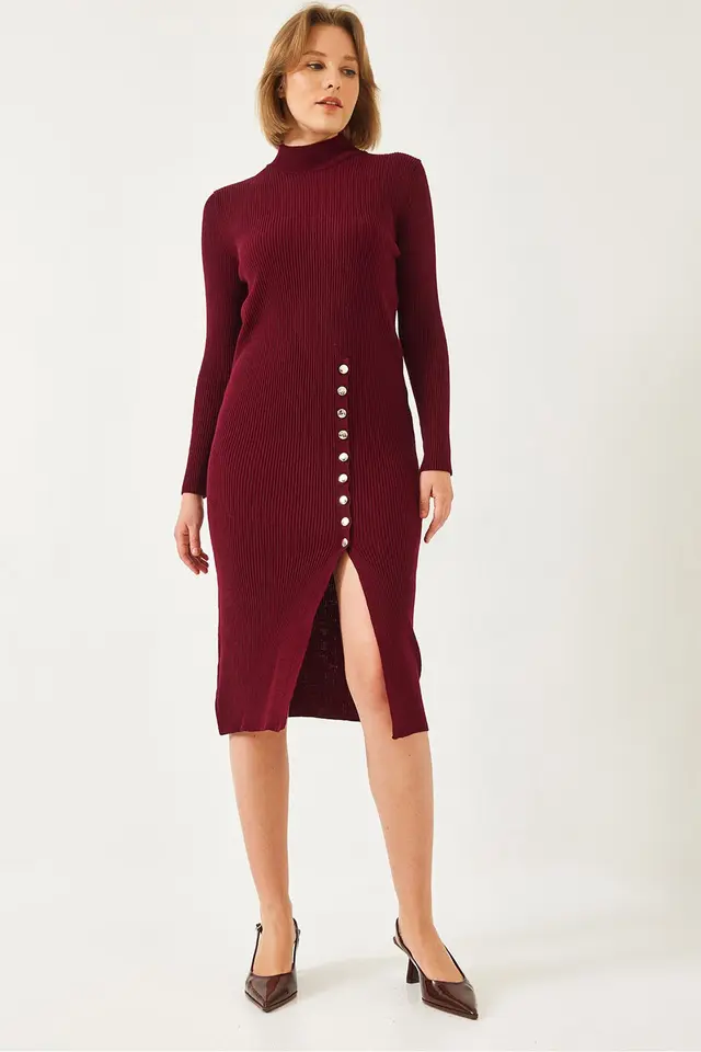 LUCCI Ribbed Textured Turtleneck Midi Knitted Dress