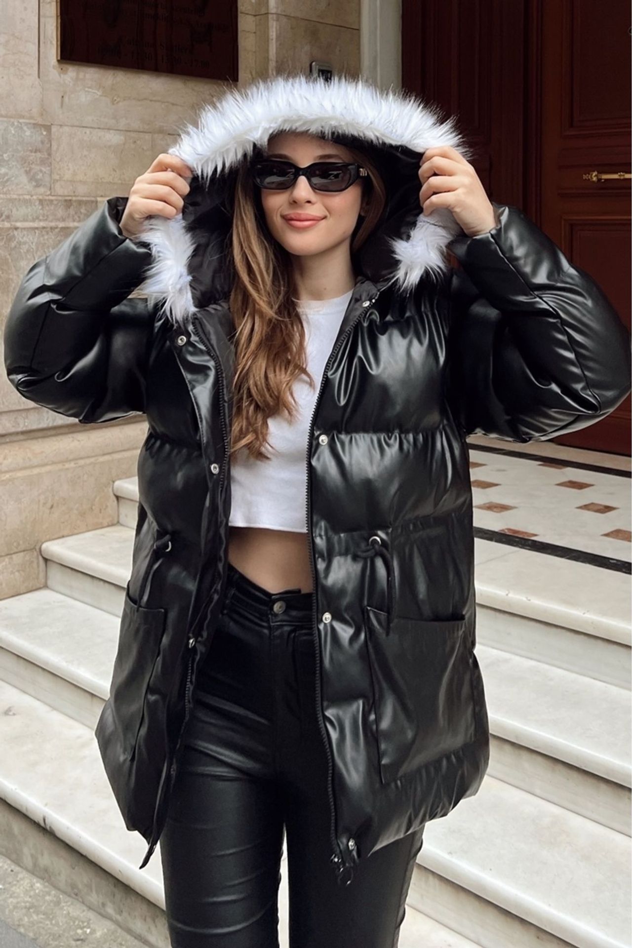 LUCCI Hooded Faux Leather Puffer Jacket with Faux Fur Detail