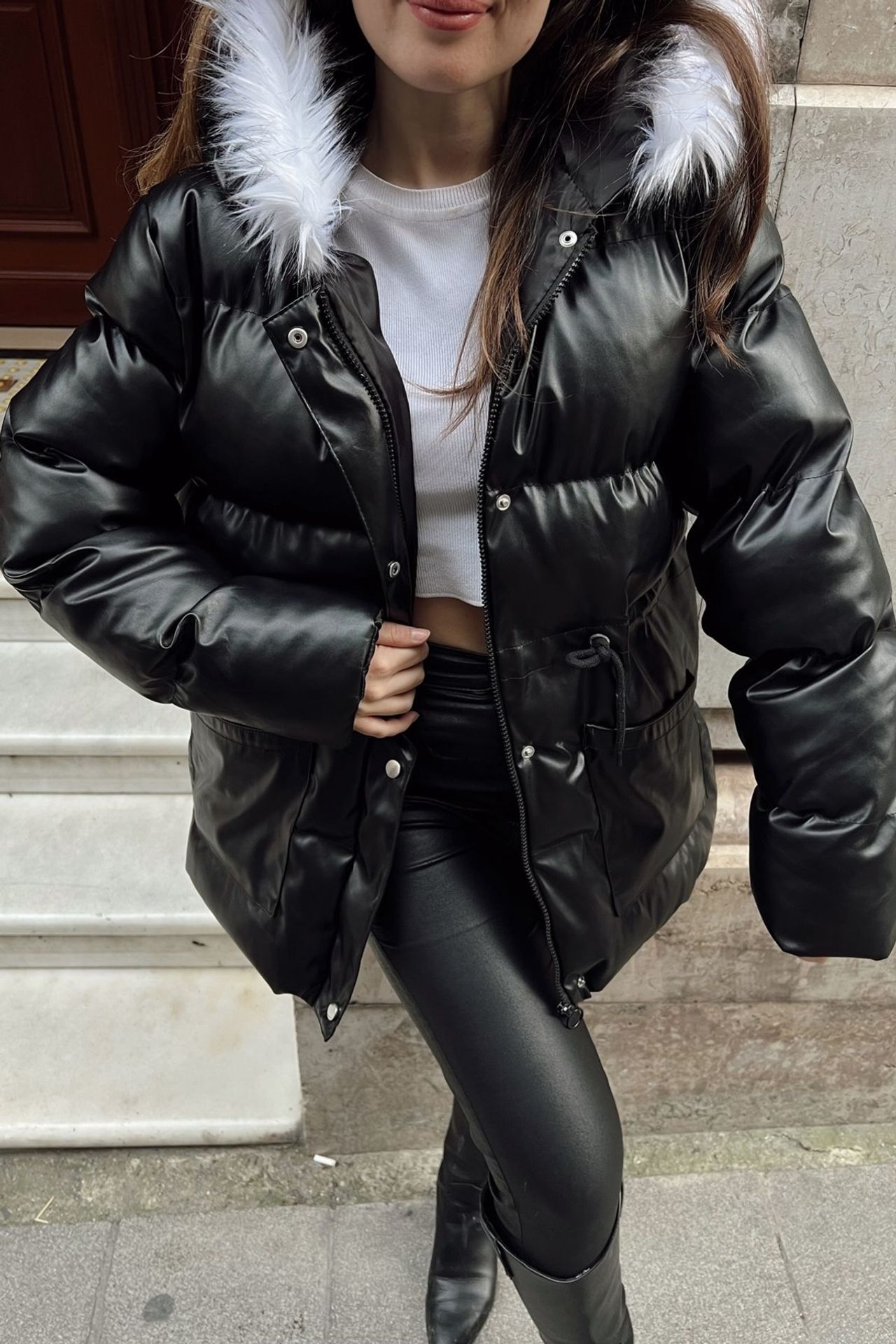 LUCCI Hooded Faux Leather Puffer Jacket with Faux Fur Detail