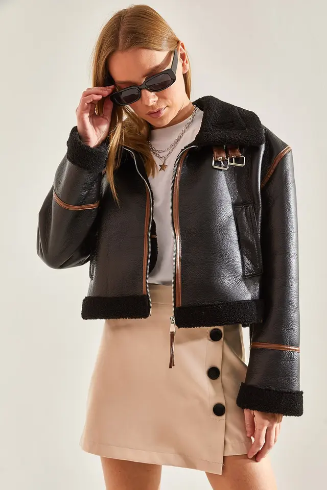 LUCCI Faux Leather Boxy Crop Jacket with Shawl Collar