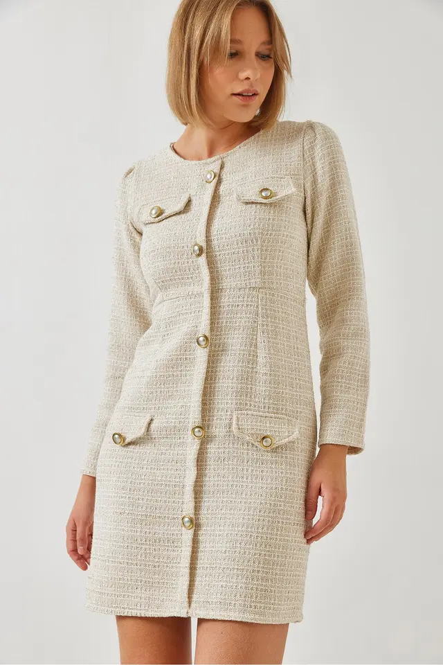 LUCCI Buttoned Pocket Tweed Mini Dress with Crew Neck