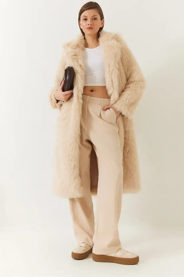 Long Faux Fur Coat with Shawl Collar