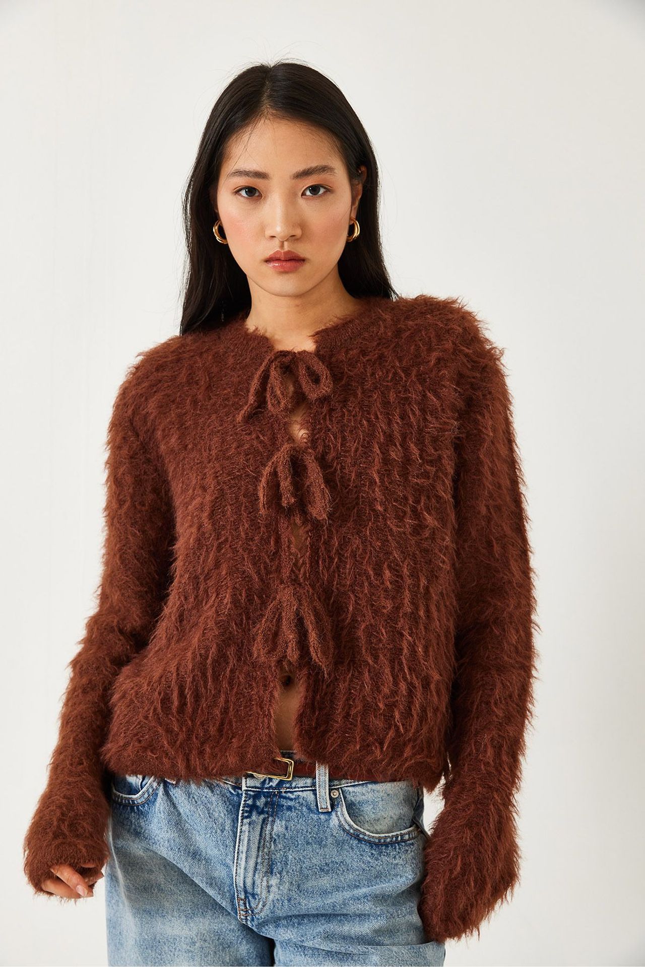 LUCCI Frilly Cropped Ribbed Knit Cardigan with Tie Closure 2