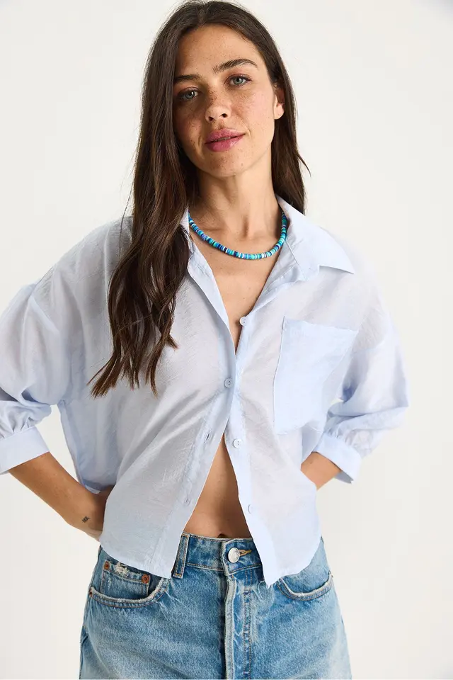 LUCCI Textured Crop Shirt with Button Closure and Pocket
