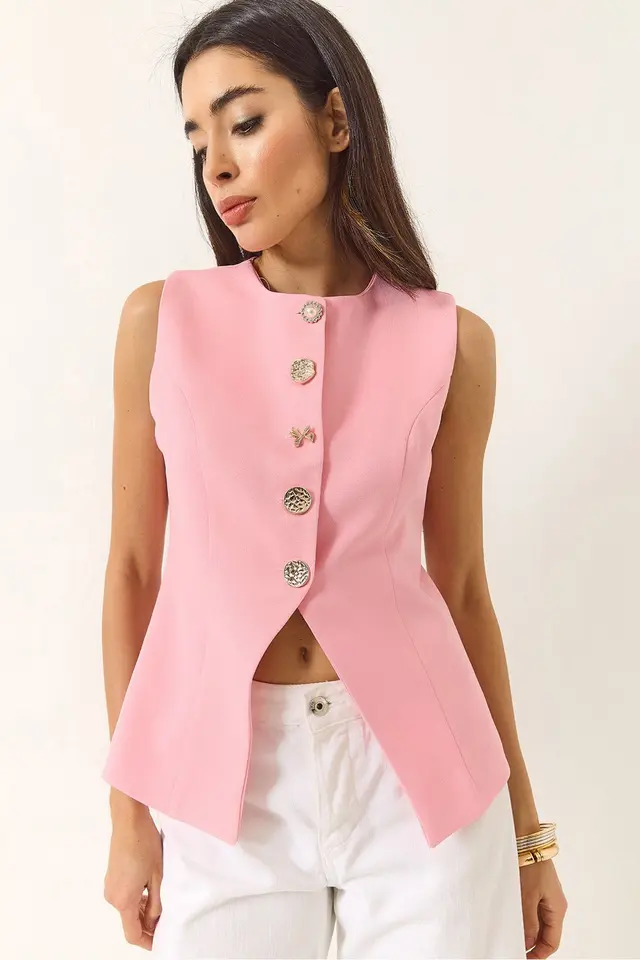 Fitted Sleeveless Button-Front Waistcoat with Crew Neck