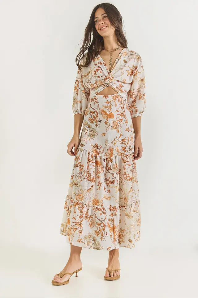 LUCCI V-Neck Flowering Maxi Dress with Bow
