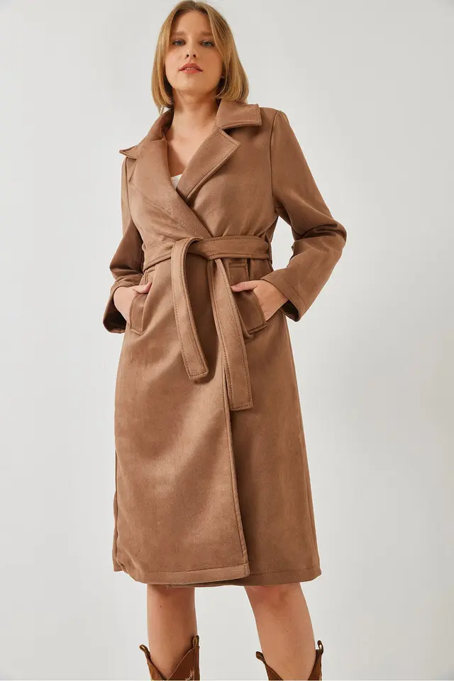 LUCCI Double Breasted Faux Leather Long Coat with Zipper and Pockets