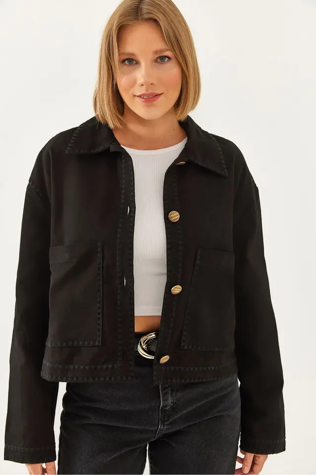 Embroidered Cropped Woven Jacket with Shirt Collar