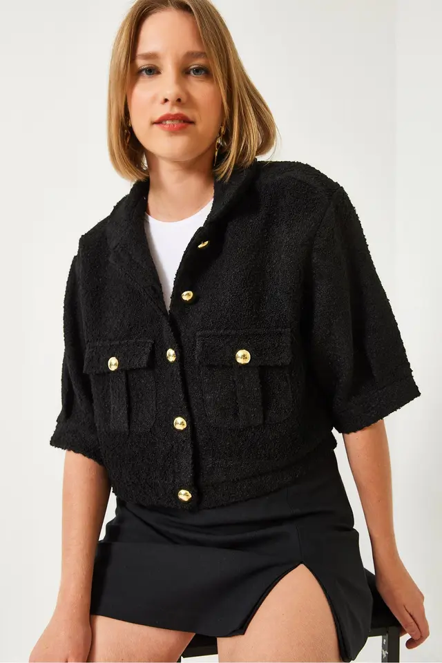 LUCCI Cropped Plush Buttoned Jacket with Shirt Collar
