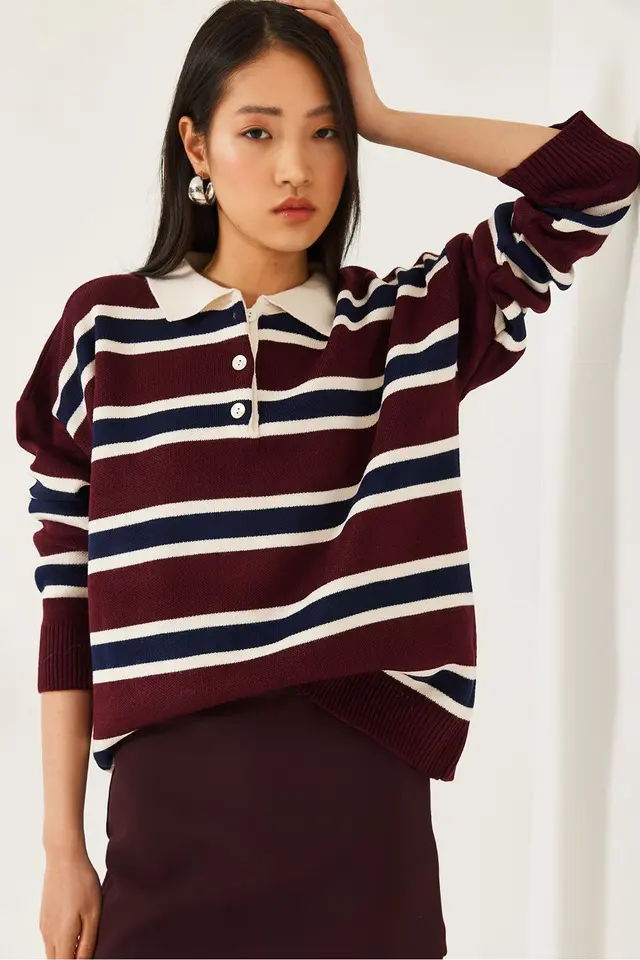 LUCCI Striped Polo Collar Knit Sweater