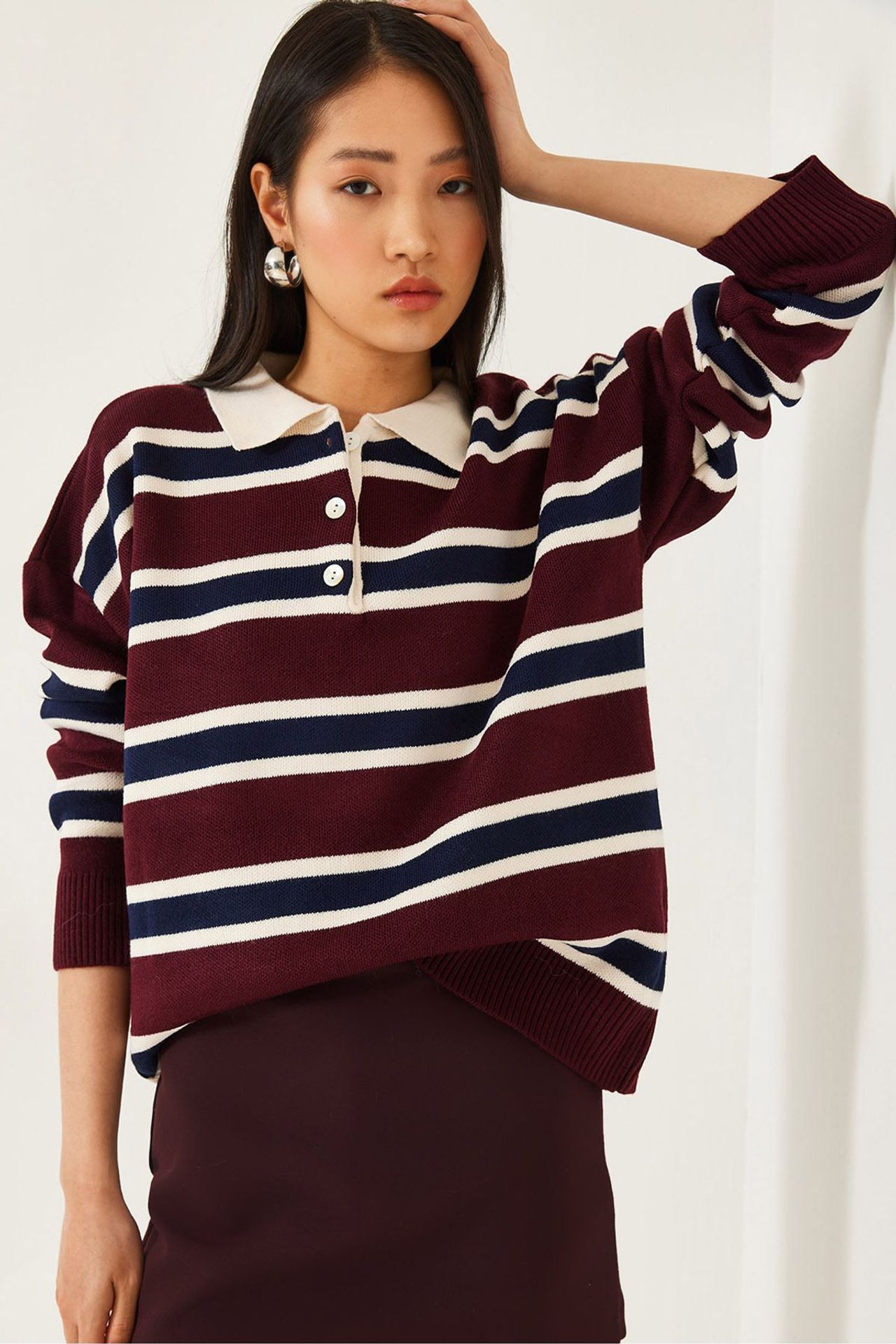 LUCCI Striped Polo Collar Knit Sweater 1